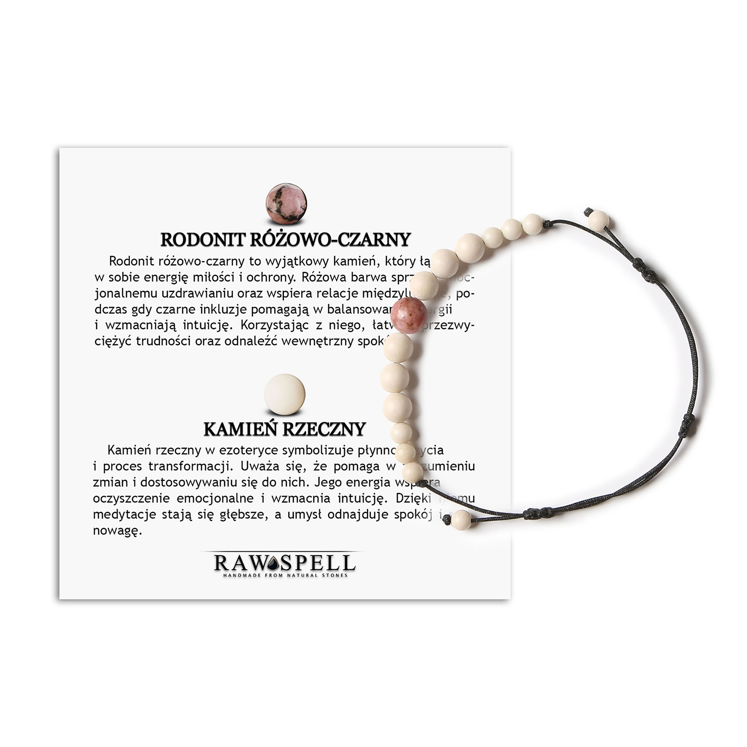 Stylowa bransoletka na sznurku z kolekcji Jaue, wykonana z rodonitu różowo-czarnego i kamienia rzeczego, dla kobiet i mężczyzn Bransoletka z kolekcji Jaue z naturalnymi kamieniami: różowo-czarny rodonit i kamień rzeczny. Odpowiednia dla kobiet i mężczyzn.