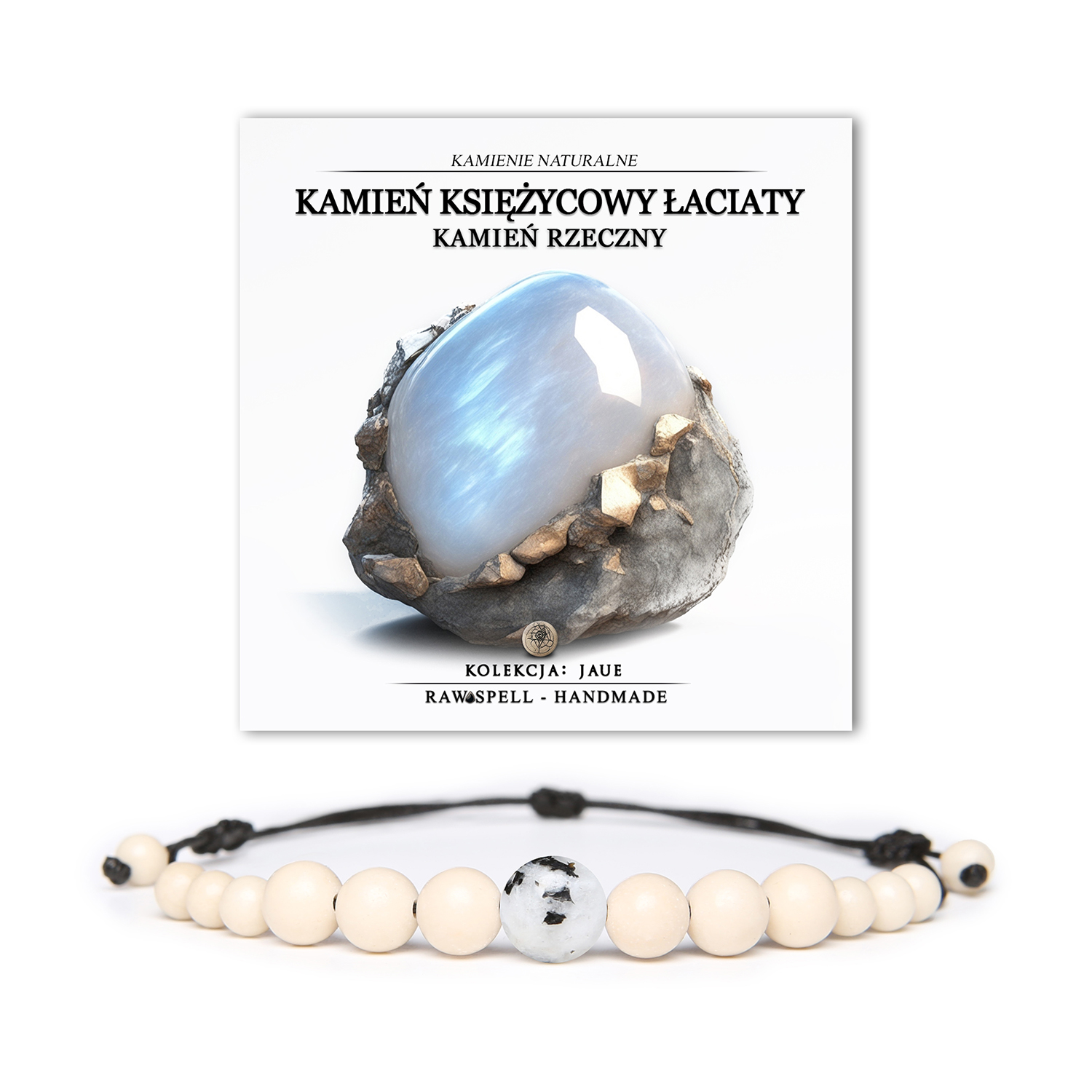 Bransoletka Jaue z naturalnymi kamieniami: Kamień Księżycowy Łaciaty i Kamień Rzeczny, dostępna zarówno dla kobiet, jak i mężczyzn.
