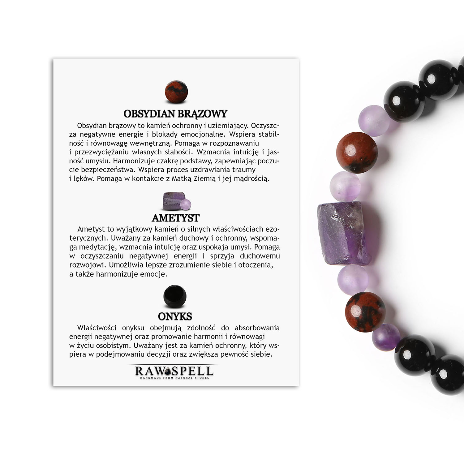 Stylowa bransoletka na sznurku z kolekcji Kema, Obsydian Brązowy, Ametyst i Onyks, dla kobiet i mężczyzn Elegancka bransoletka Kema z brązowego obsydianu, ametystu i onyksu, stworzona z myślą o kobietach i mężczyznach.