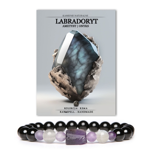 Bransoletka Kema z naturalnymi kamieniami labradorytu, ametystu i onyksu - idealna biżuteria damska i męska.