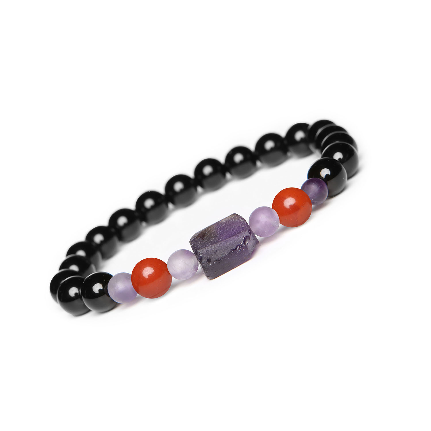 Stylowa bransoletka na sznurku z kolekcji Kema, w składzie Jaspis Czerwony, Ametyst oraz Onyks, dla pań i panów Damska i męska bransoletka z kolekcji Kema, ozdobiona naturalnymi kamieniami: jaspisem czerwonym, ametystem i onyksem.