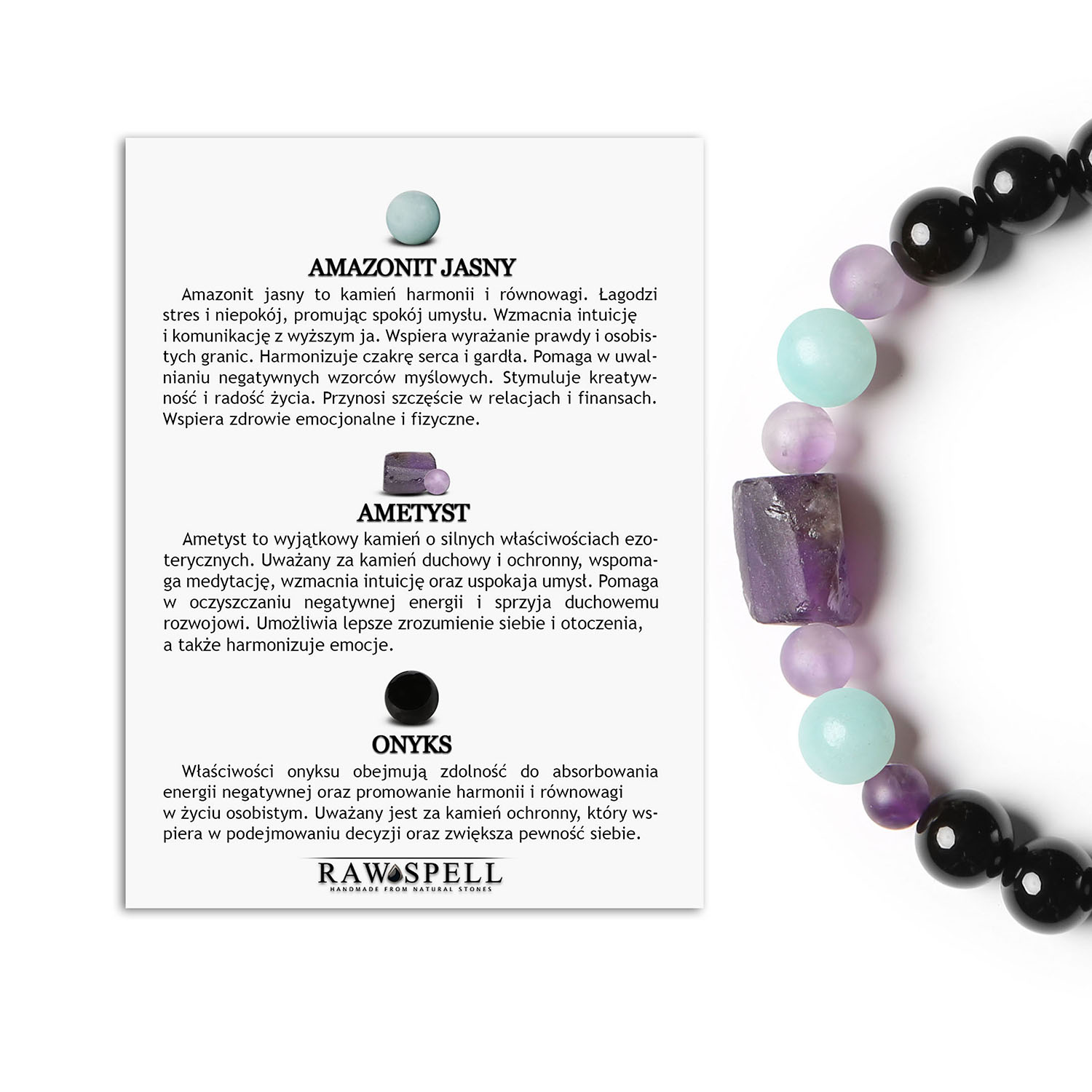 Stylowa bransoletka na sznurku z kolekcji Kema, z akcentami amazonitu, ametystu i onyksu, dla niej i dla niego Damska i męska bransoletka Kema z naturalnych kamieni: jasny amazonit, ametyst oraz onyks, doskonała jako modny dodatek.