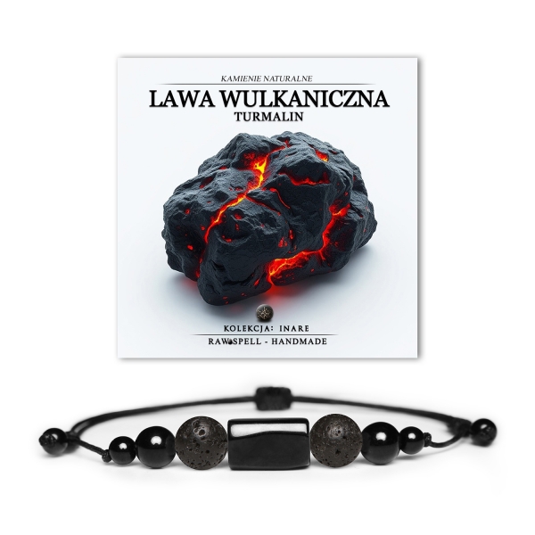 Bransoletka z kolekcji Inare wykonana z naturalnych kamieni, w tym lawy wulkanicznej i turmalinu, idealna zarówno dla kobiet, jak i mężczyzn.