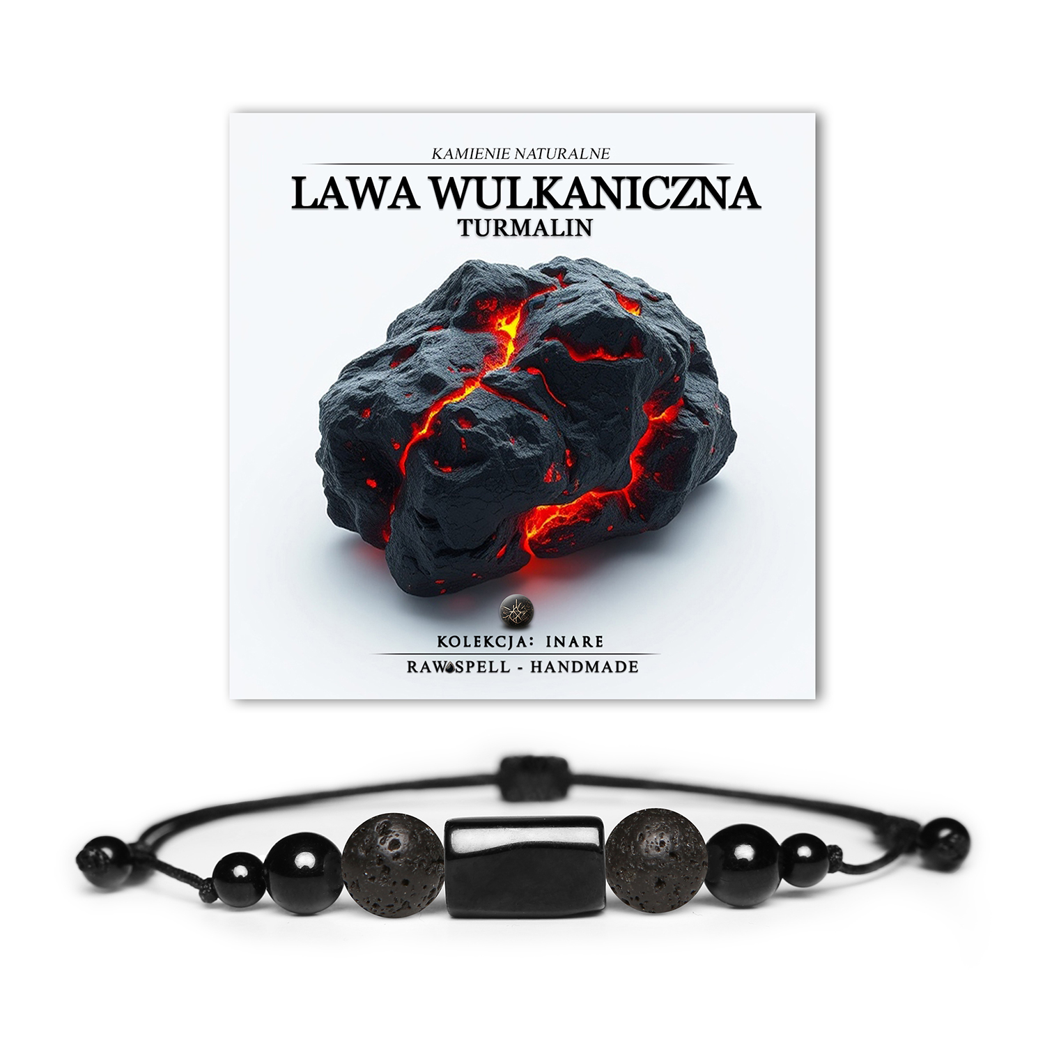 Bransoletka z kolekcji Inare wykonana z naturalnych kamieni, w tym lawy wulkanicznej i turmalinu, idealna zarówno dla kobiet, jak i mężczyzn.