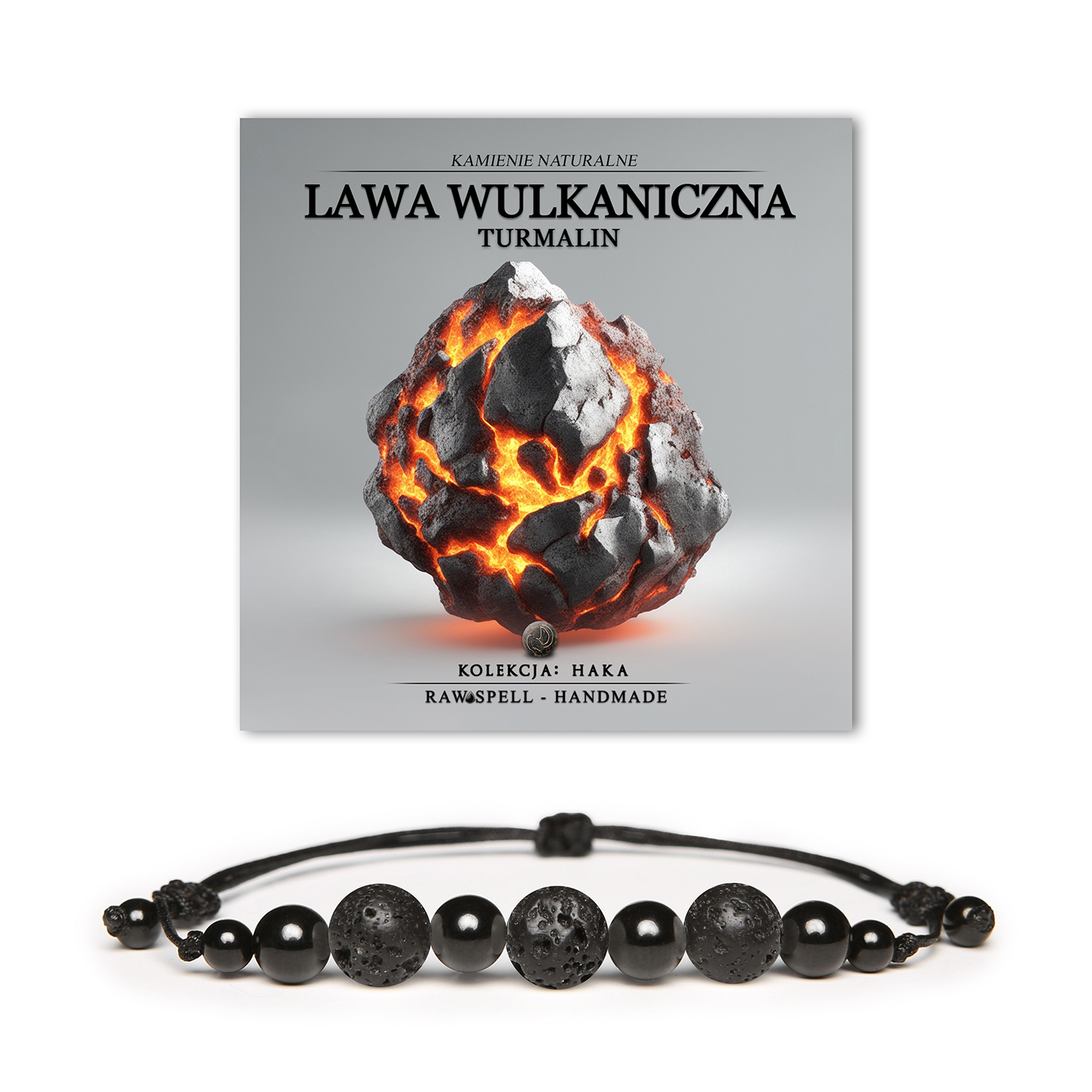 Bransoletka z kolekcji Haka wykonana z naturalnych kamieni: lawa wulkaniczna i turmalin, dostępna w wersji damskiej i męskiej.