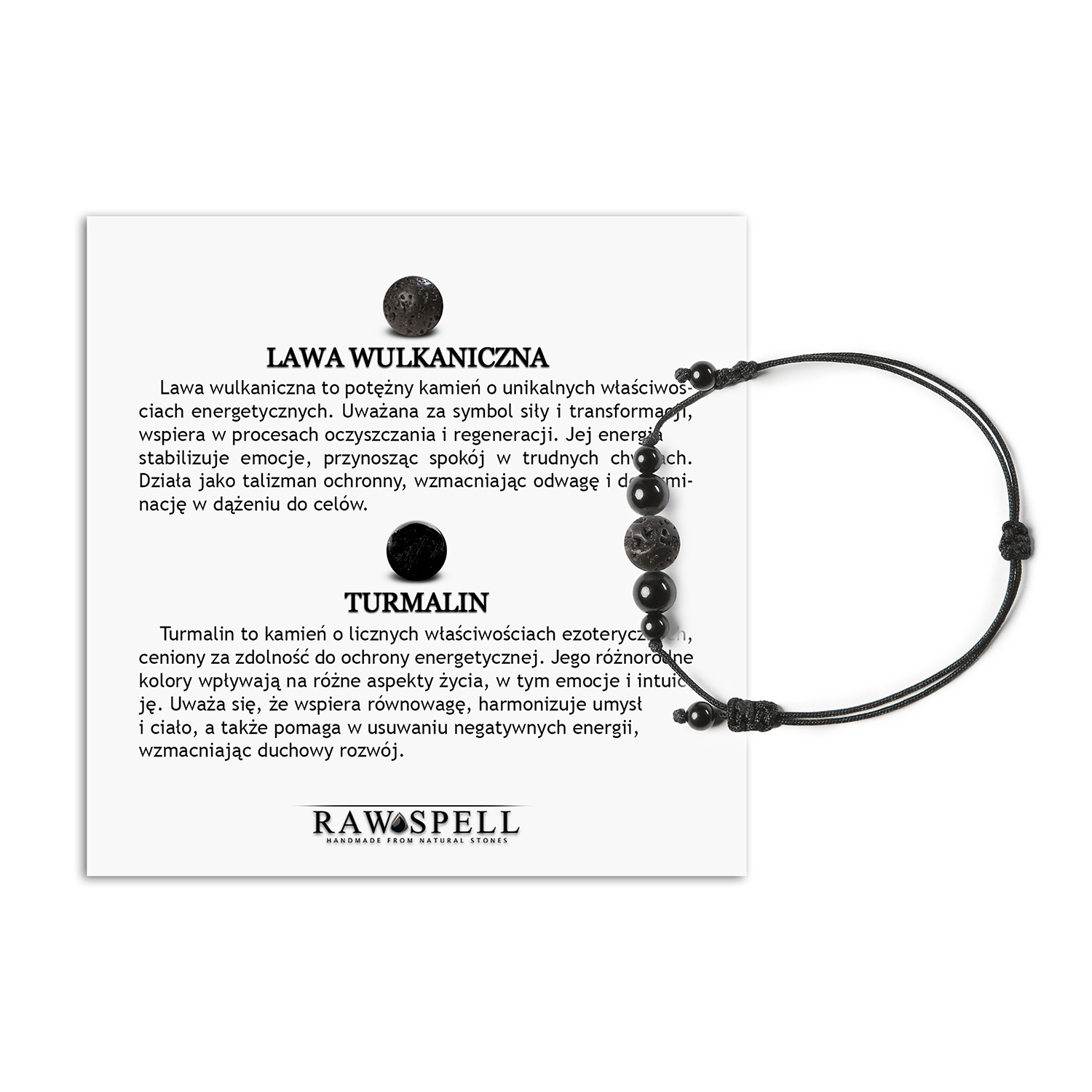 Stylowa bransoletka na sznurku z lawy wulkanicznej i turmalinu z kolekcji Garie, dla kobiet i mężczyzn Bransoletka z kolekcji Garie z naturalnymi kamieniami, w tym lawą wulkaniczną i turmalinem, dostępna w wersji damskiej i męskiej.