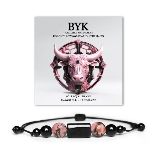 Bransoletka na sznurku z kamieni naturalnych inspirowana znakiem zodiaku Byka, wykonana z rodonitu w odcieniach różowo-czarnych oraz turmalinu. Kolekcja Inare, idealna dla kobiet i mężczyzn.