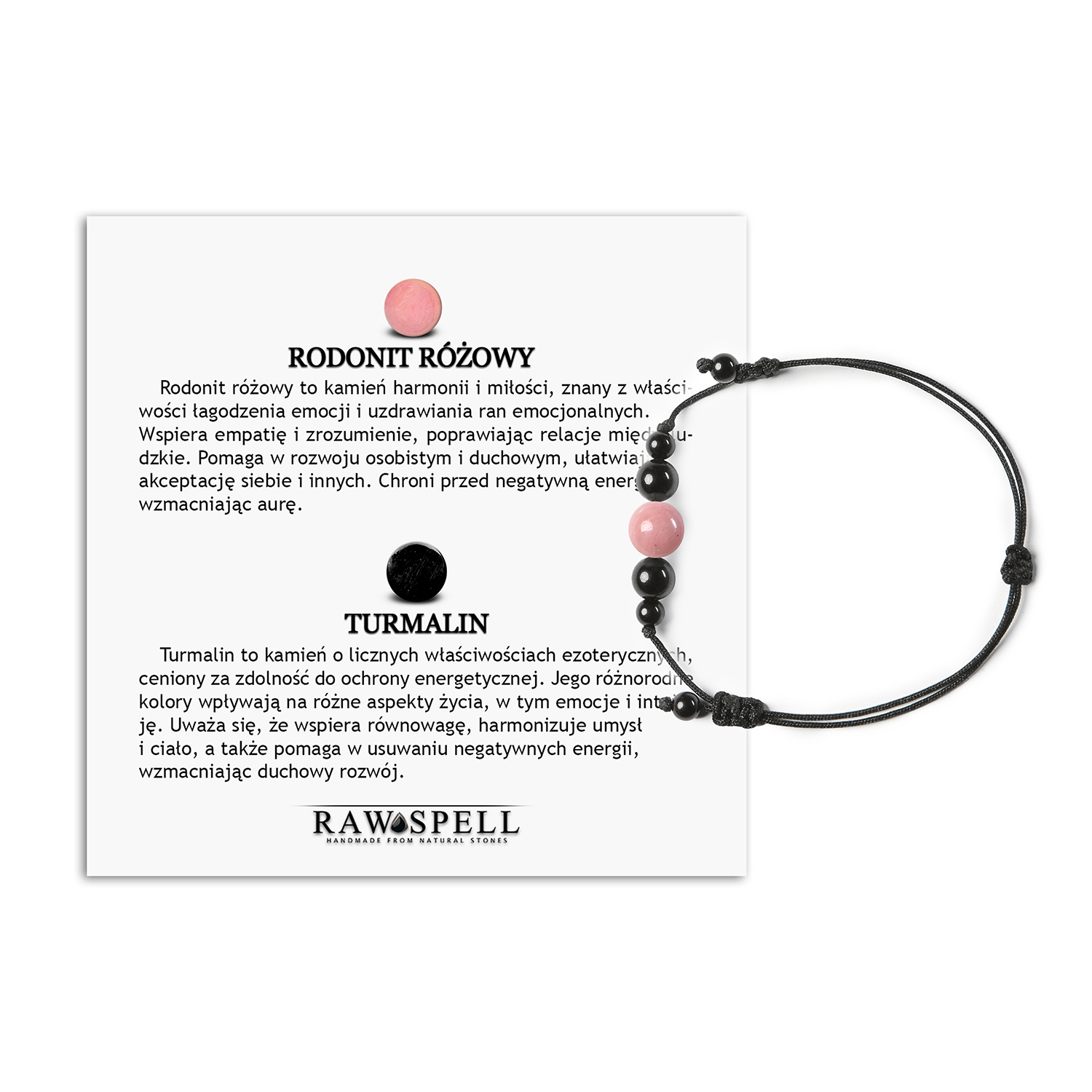 Stylowa bransoletka na sznurku z rodonitem różowym i turmalinem, dostępna w wersji damskiej i męskiej Bransoletka z kolekcji Garie wykonana z naturalnych kamieni, w tym różowego rodonitu i turmalinu, dostępna w wersjach damskiej i męskiej.