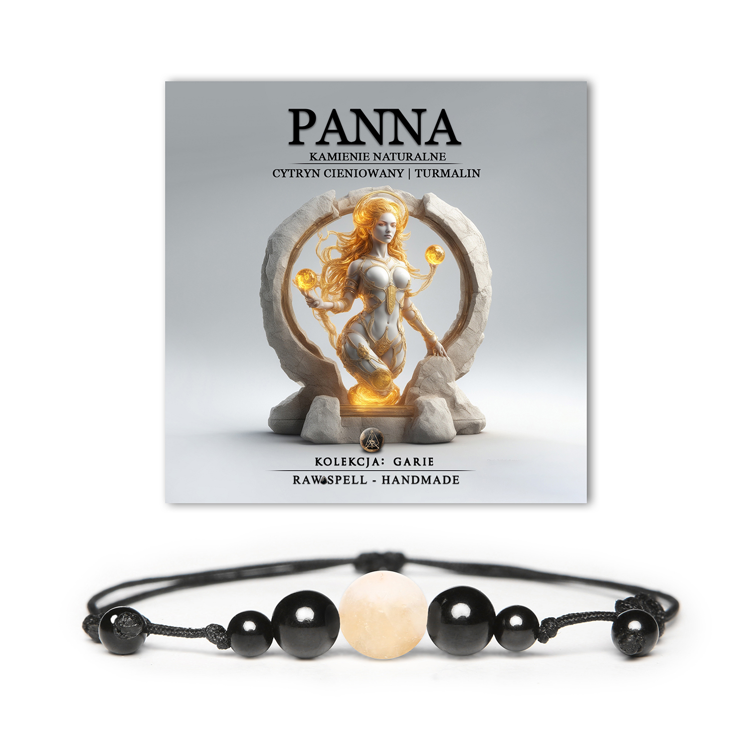 Bransoletka z naturalnych kamieni w odcieniach cytrynowego i turmalinowego, inspirowana znakiem zodiaku Panna, dostępna zarówno dla kobiet, jak i mężczyzn.