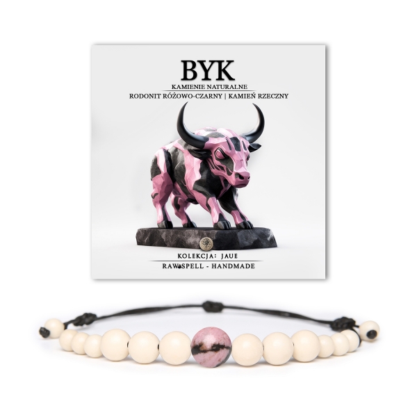 Odkryj bransoletkę z kamieni naturalnych dla Byków! Elegancki rodonit różowo-czarny. Idealna dla mężczyzn i kobiet. Kolekcja Jaue.