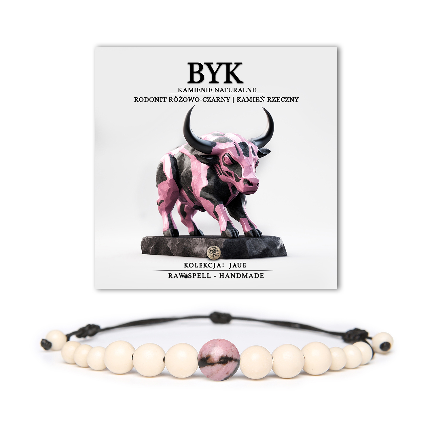 Odkryj bransoletkę z kamieni naturalnych dla Byków! Elegancki rodonit różowo-czarny. Idealna dla mężczyzn i kobiet. Kolekcja Jaue.