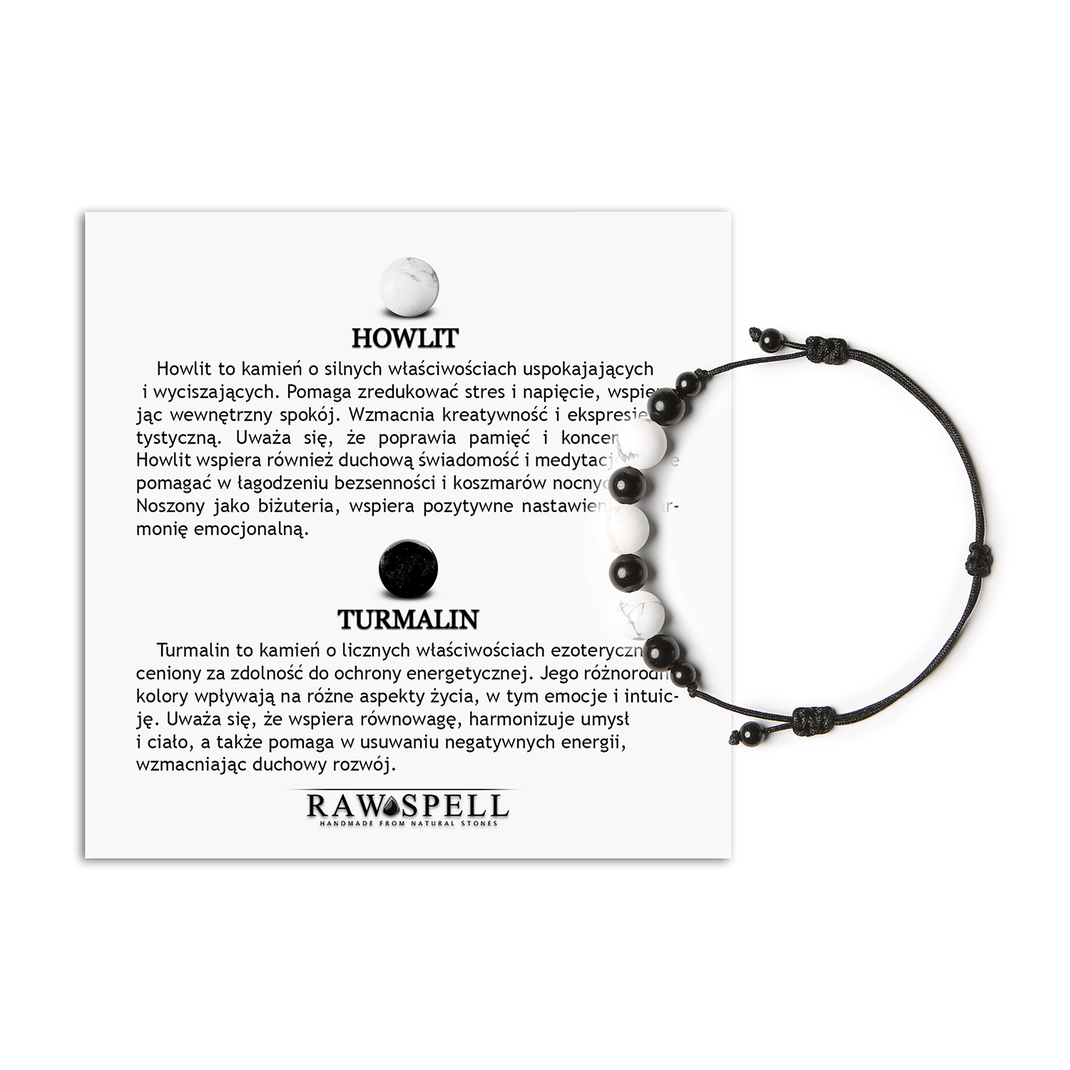 Stylowa bransoletka z kolekcji Haka, jakowita z howlitem i turmalinem dla niego i dla niej Bransoletka z kolekcji Haka z naturalnymi kamieniami: howlit i turmalin, idealna zarówno dla kobiet, jak i mężczyzn.