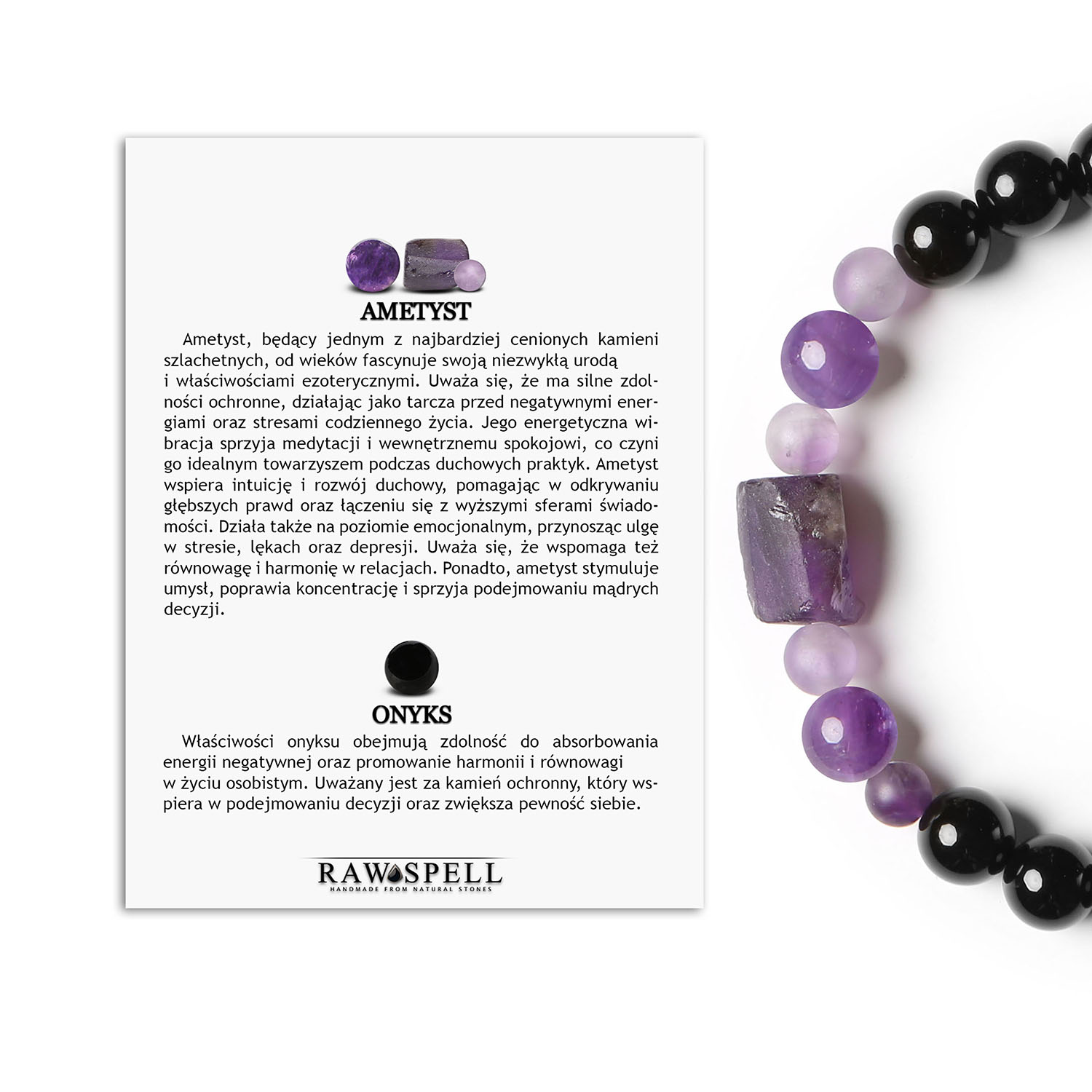 Stylowa bransoletka z kolekcji Kema na sznurku, z ametystem i onyksem dla pań i panów Elegancka bransoletka z naturalnymi kamieniami ametyst i onyks, z kolekcji Kema - dla niego i dla niej.