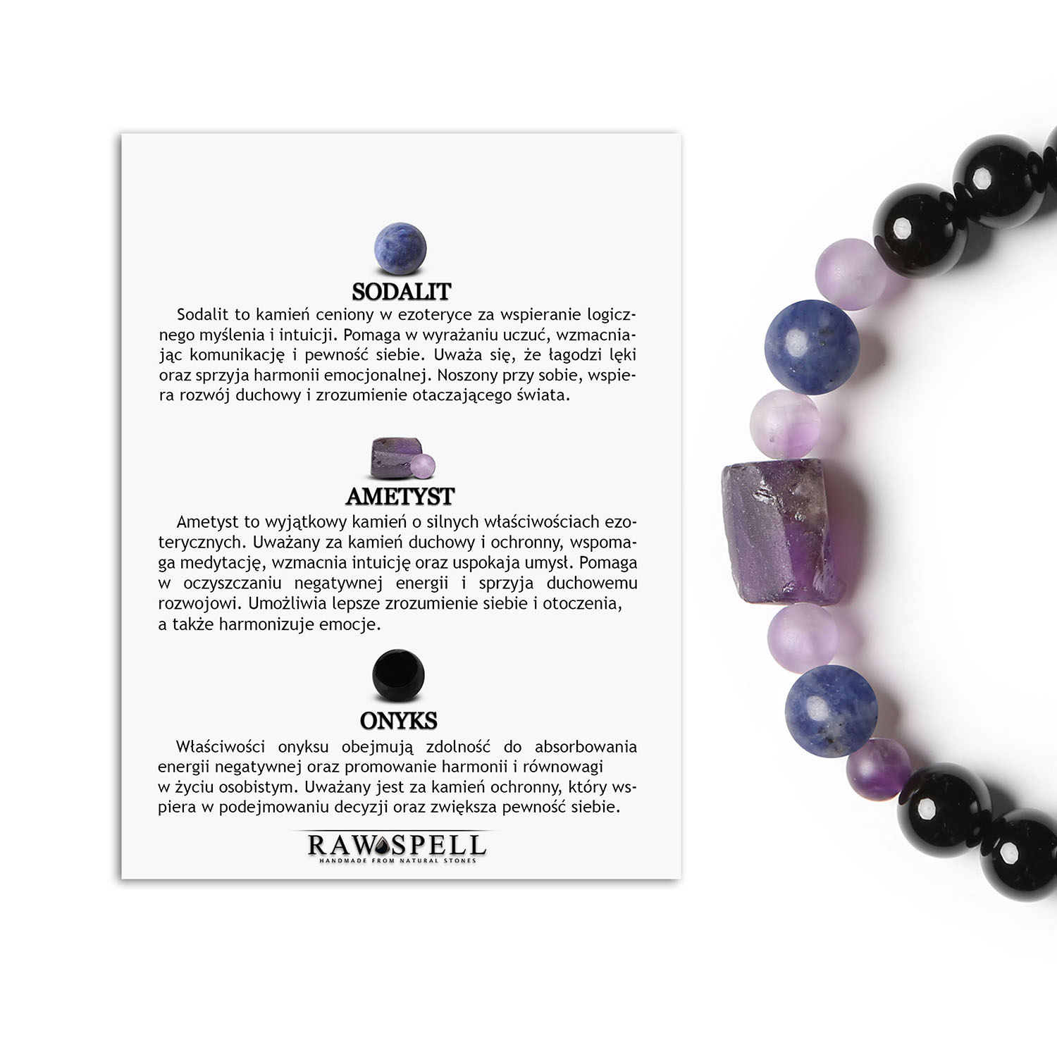 Unikalna bransoletka Kema w kamieniach sodalit, ametyst, onyks, dla niej i dla niego Bransoletka z kolekcji Kema wykonana z naturalnych kamieni: sodalitu, ametystu i onyksu, dostępna w wersji damskiej i męskiej.