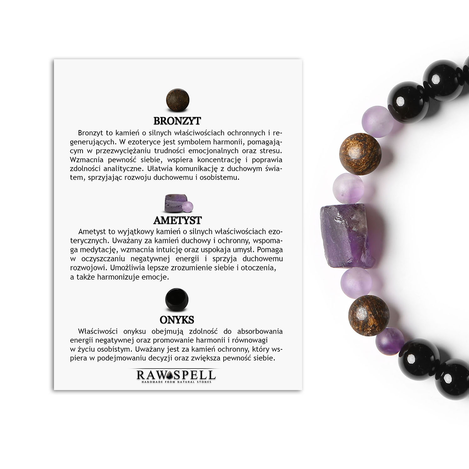 Unikalna bransoletka Kema z bronzytem, ametystem i onyksami, idealna dla kobiet i mężczyzn Bransoletka Kema z naturalnych kamieni: bronzyt, ametyst i onyks - elegancki dodatek damski i męski.