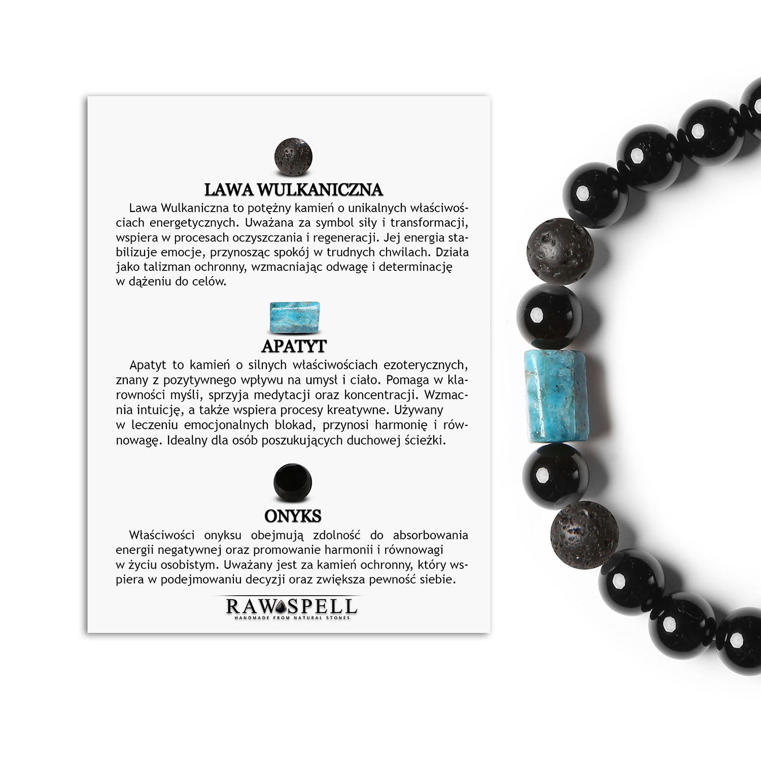 Unikalna bransoletka Laeri na gumce z lawa wulkaniczną, apatytu i onyksu, doskonała dla kobiet i mężczyzn Bransoletka z kolekcji Laeri wykonana z naturalnych kamieni, w tym lawy wulkanicznej, apatytu i onyksu, idealna dla kobiet i mężczyzn.