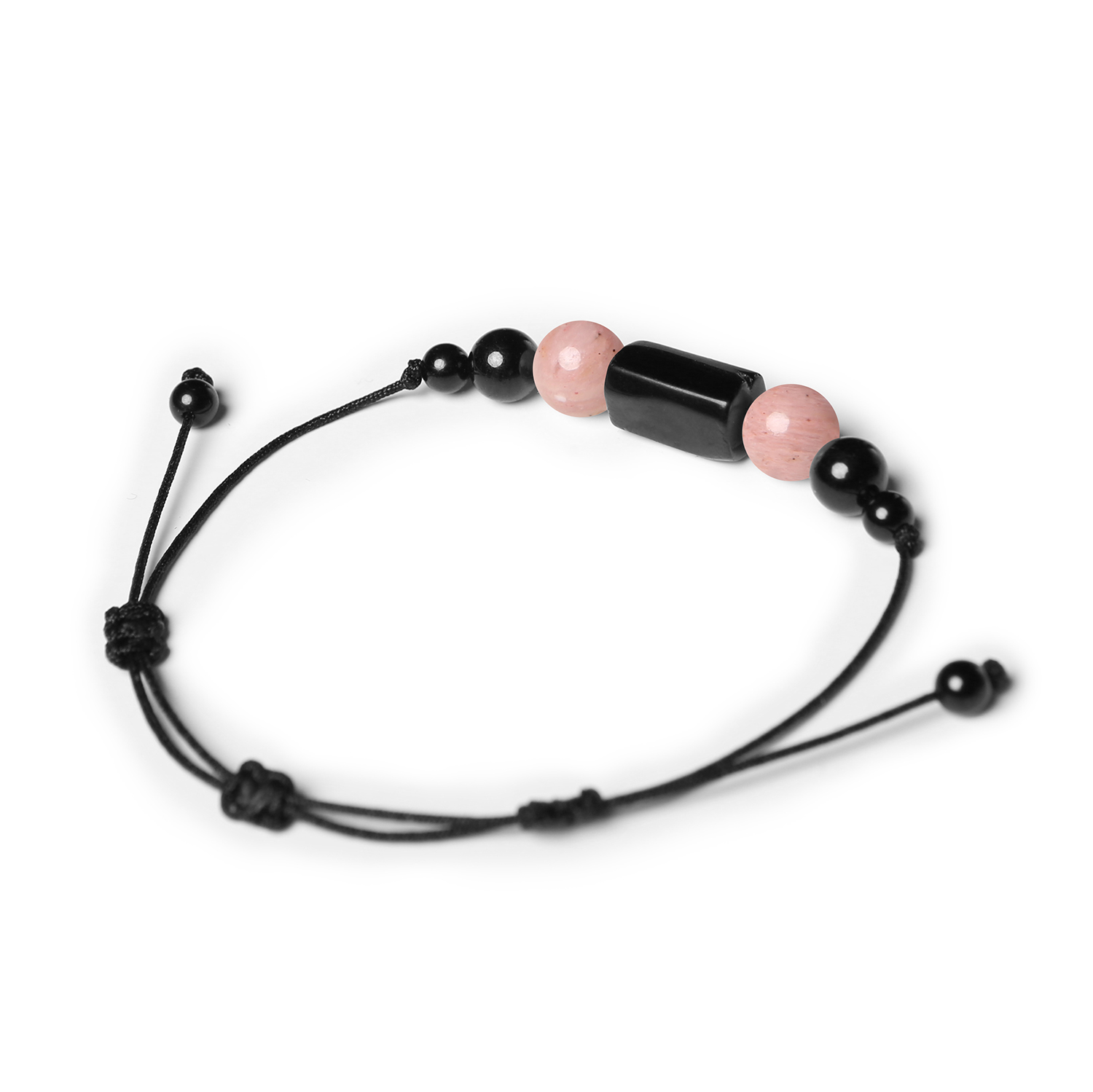 Bransoletka z kolekcji Inare z naturalnymi kamieniami: różowy rodonit i turmalin, dostępna w wersjach damskich i męskich.