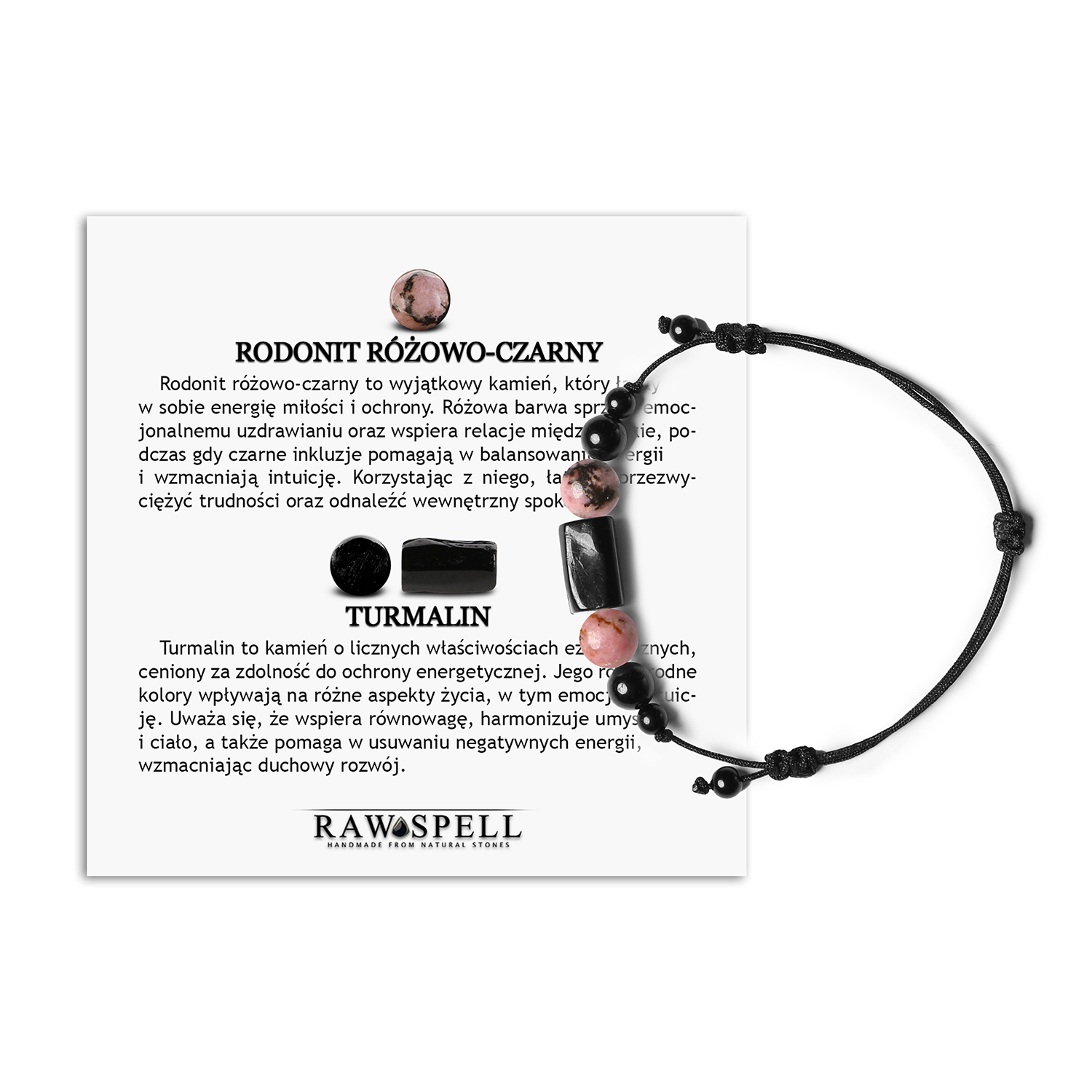 Unikalna bransoletka na sznurku z kolekcji Inare, rodonit różowo-czarny i turmalin, doskonała dla obu płci Stylowa bransoletka Inare z rodonitem w odcieniach różu i czerni oraz turmalinem, unisex, doskonała na każdą okazję.