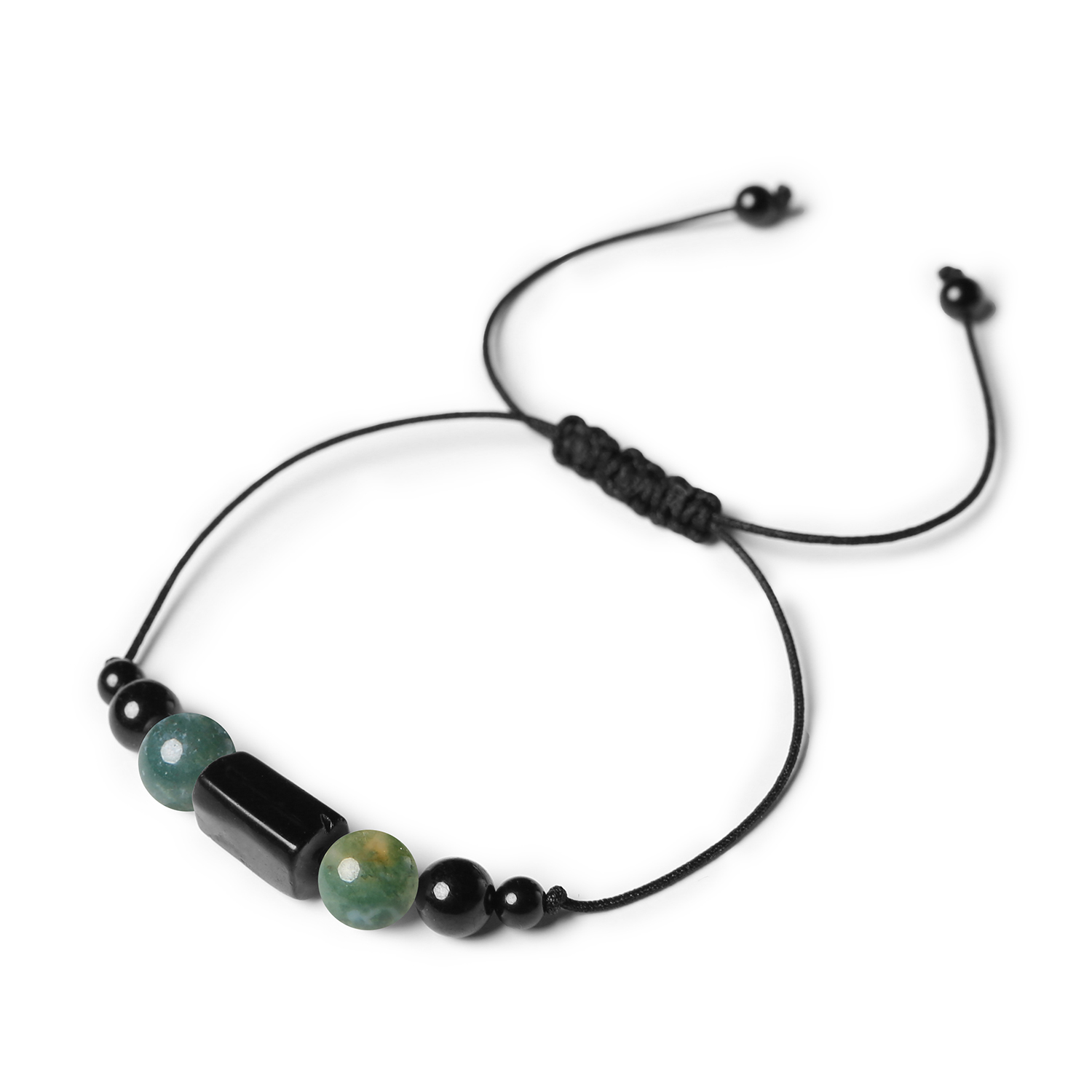 Unikalna bransoletka na sznurku z kolekcji Inare, w której wykorzystano agat mszysty i turmalin, idealna dla kobiet i mężczyzn Bransoletka z kolekcji Inare wykonana z naturalnych kamieni: agat mszysty i turmalin, dostępna w wariantach damskim i męskim.