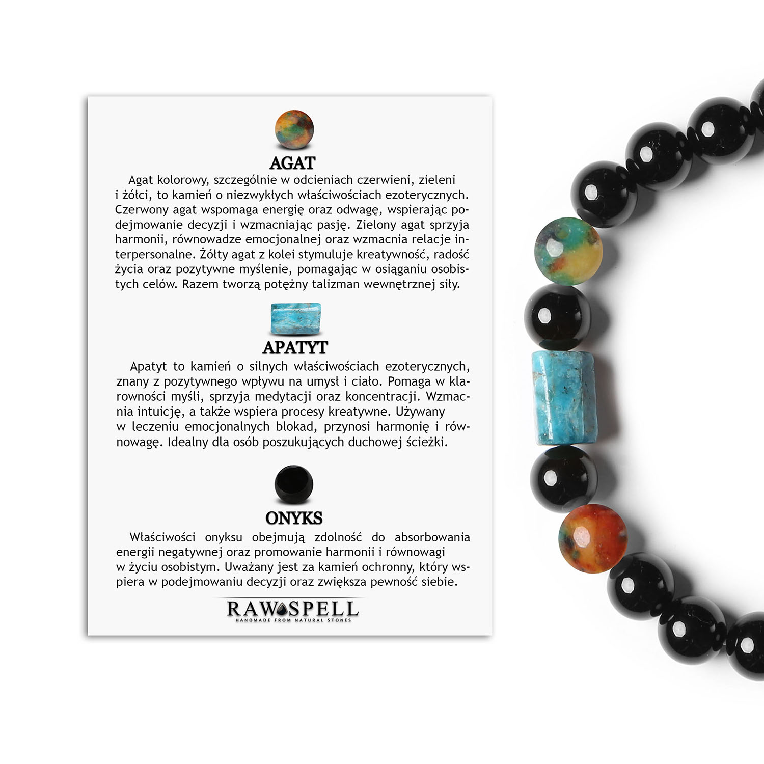 Unikatowa bransoletka na gumce Laeri z Agatem, Apatytem i Onyksami dla niej i dla niego Bransoletka Laeri z naturalnymi kamieniami: agat, apatyt i onyks, stworzona dla kobiet i mężczyzn