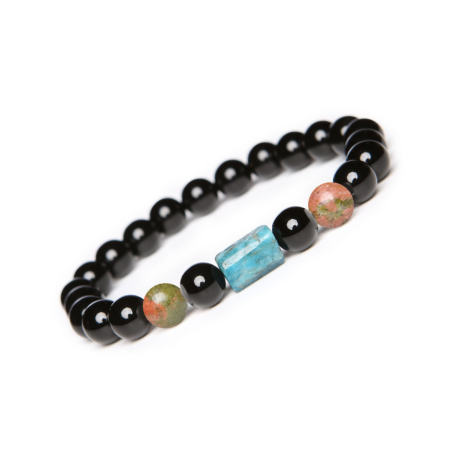 Unikatowa bransoletka na gumce z kolekcji Laeri, idealna dla kobiet i mężczyzn, ozdobiona unakitem, apatytą oraz onyksami Bransoletka Laeri z naturalnymi kamieniami: unakit, apatyt, onyks - modna biżuteria dla kobiet i mężczyzn.