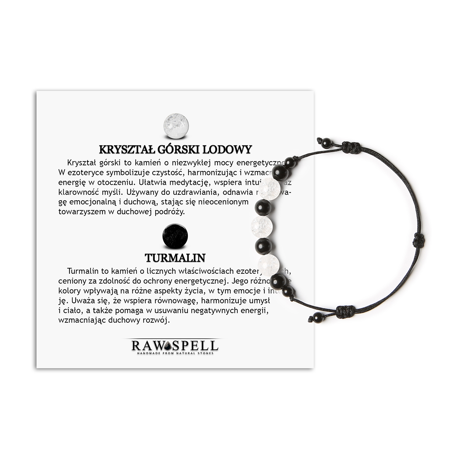 Uniwersalna bransoletka na sznurku z Kryształem Górskim Lodowym i Turmalinem z kolekcji Haka Stylowa bransoletka Haka z kamieniami naturalnymi – Kryształ Górski Lodowy oraz Turmalin, dostępna zarówno dla kobiet, jak i mężczyzn.