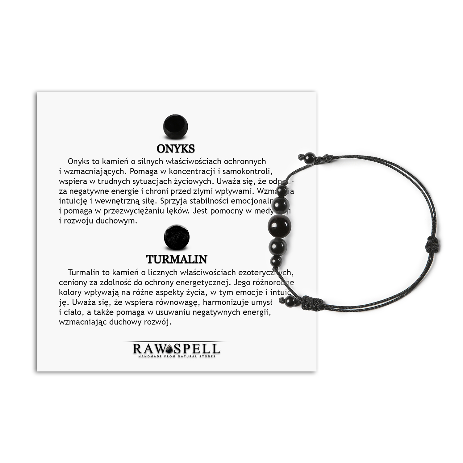 Uniwersalna bransoletka na sznurku z kolekcji Garie, wykonana z onyksu i turmalinu, dla kobiet i mężczyzn Bransoletka Garie z naturalnymi kamieniami onyksu i turmalinu, dostępna w wersji damskiej i męskiej.