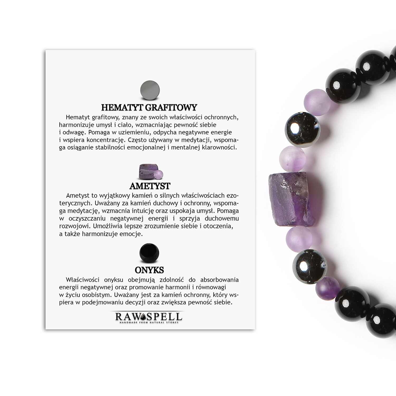 Wyjątkowa bransoletka Kema z grafitowym hematytem, ametystem oraz onyksem, dostępna dla kobiet i mężczyzn Bransoletka Kema z naturalnymi kamieniami: hematyt grafitowy, ametyst i onyks - elegancka biżuteria damska i męska.