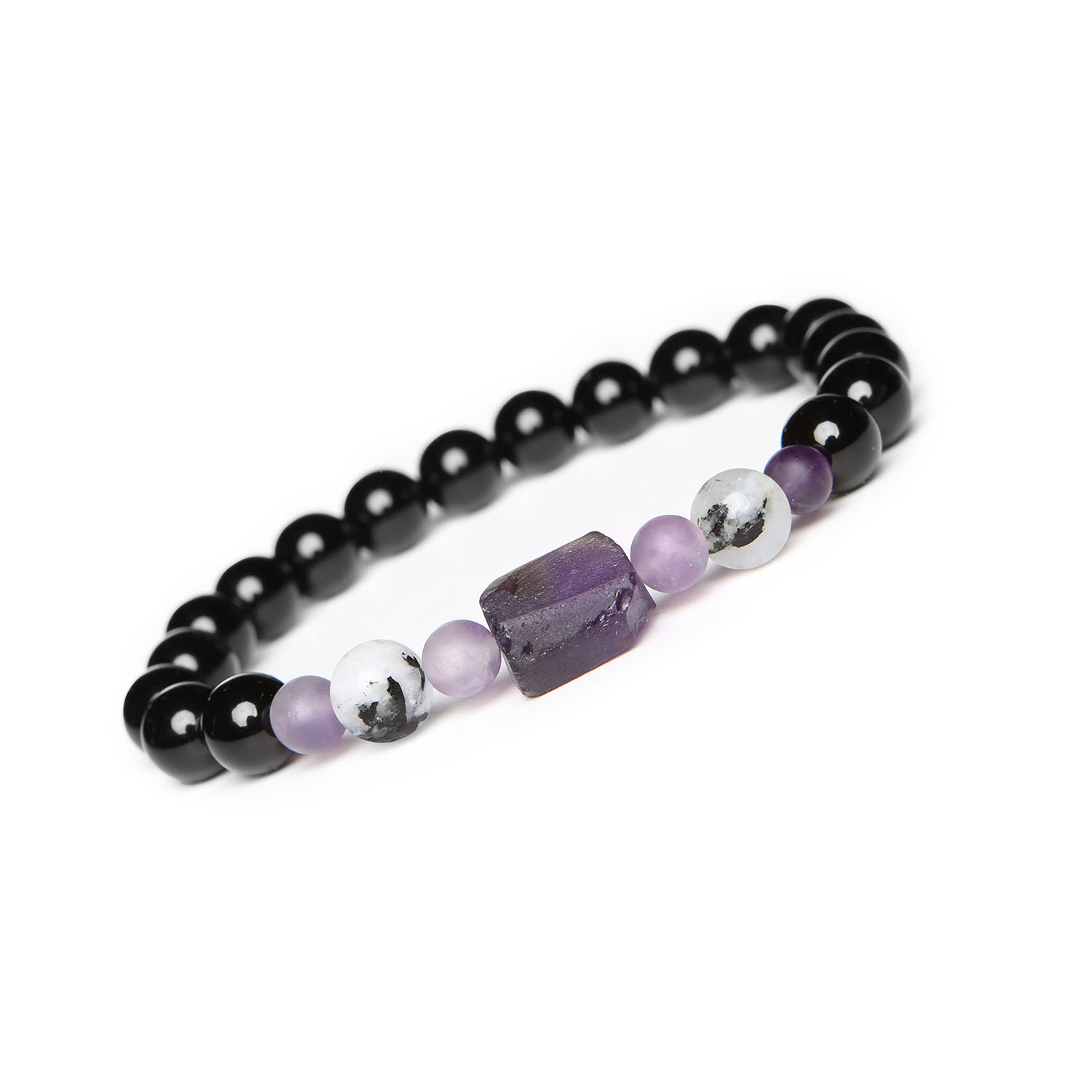 bransoletka na sznurku z Księżycowym Łaciatym, Ametystem i Onyksu, idealna dla kobiet i mężczyzn Kolekcja Kema: unisex bransoletka z naturalnych kamieni - księżycowy łaciaty, ametyst i onyks. Idealna dla kobiet i mężczyzn.