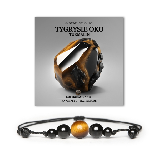 Damska i męska bransoletka z kolekcji Garie, wykonana z naturalnych kamieni Tygrysiego Oka i Turmalinu.