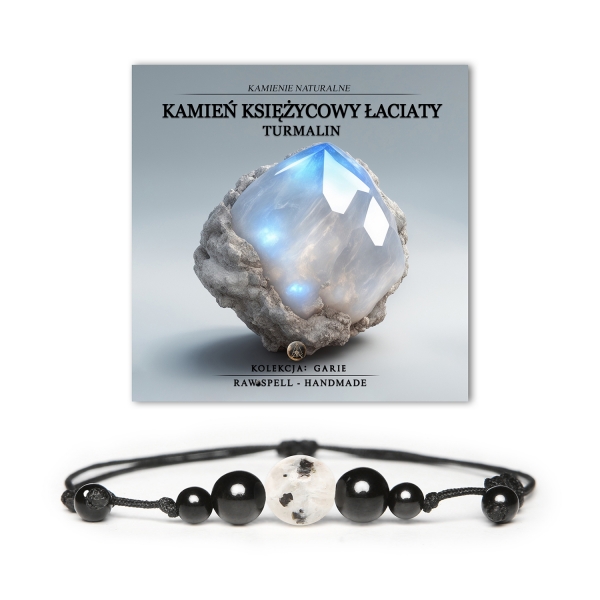 Elegancka bransoletka z kolekcji Garie, wykonana z kamienia księżycowego łaciatego i turmalinu, dla kobiet i mężczyzn.