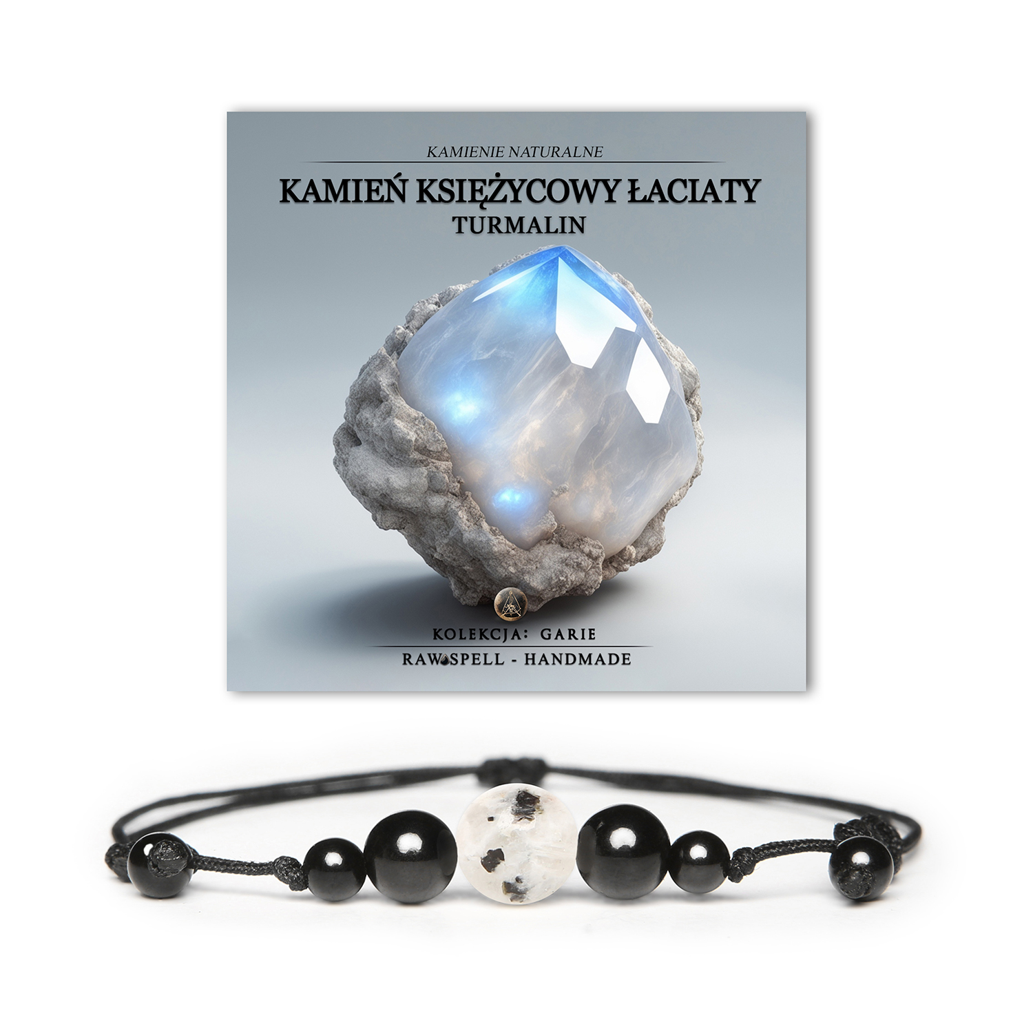 Elegancka bransoletka z kolekcji Garie, wykonana z kamienia księżycowego łaciatego i turmalinu, dla kobiet i mężczyzn.