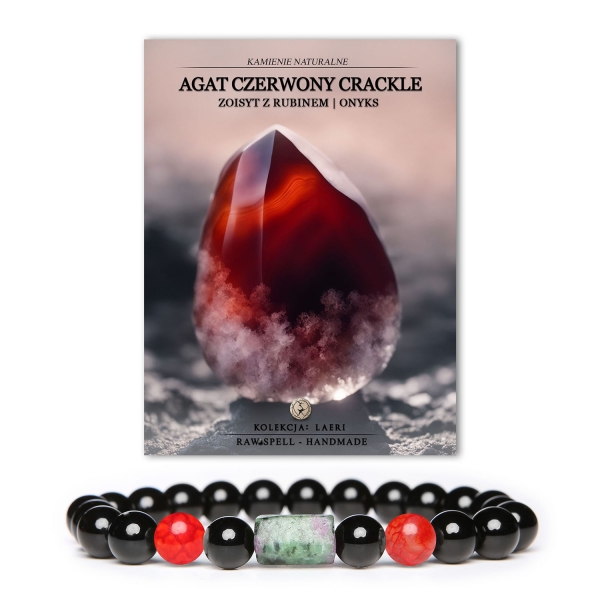 Bransoletka Laeri z kamieni naturalnych: agat czerwony crackle, zoisyt z rubinem i onyks, świetny dodatek dla kobiet i mężczyzn.