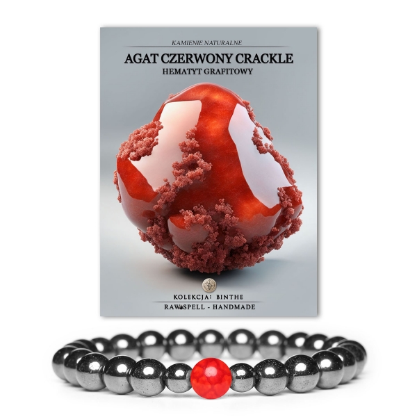 Oryginalna bransoletka z kolekcji Binthe: czerwony agat crackle w połączeniu z grafitowym hematytem, doskonała propozycja dla obu płci.
