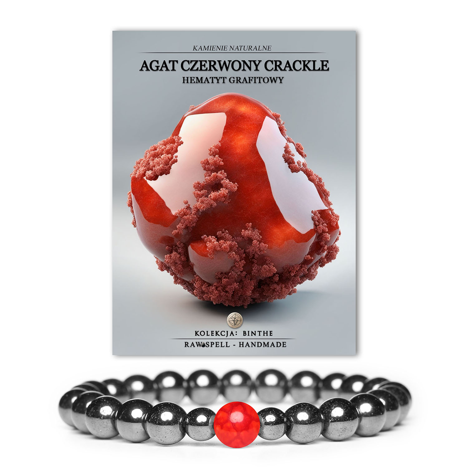 Oryginalna bransoletka z kolekcji Binthe: czerwony agat crackle w połączeniu z grafitowym hematytem, doskonała propozycja dla obu płci.