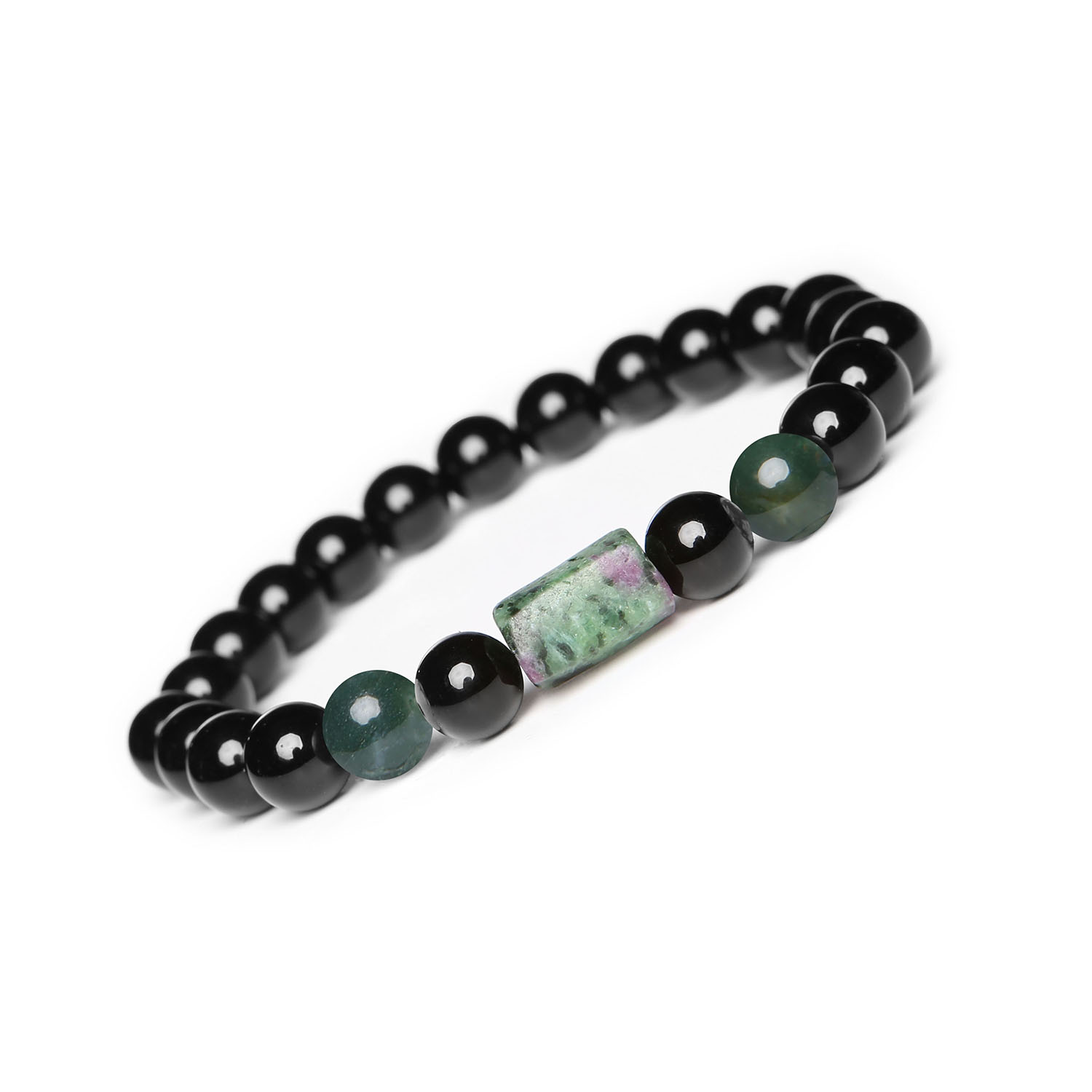 Agat Mszysty i Zoisyt z Rubinem wraz z Onyks - nowoczesna bransoletka na sznurku z kolekcji Laeri Stylish bransoletka dla kobiet i mężczyzn, wykonana z naturalnymi kamieniami: Agat Mszysty, Zoisyt z Rubinem i Onyks z kolekcji Laeri.