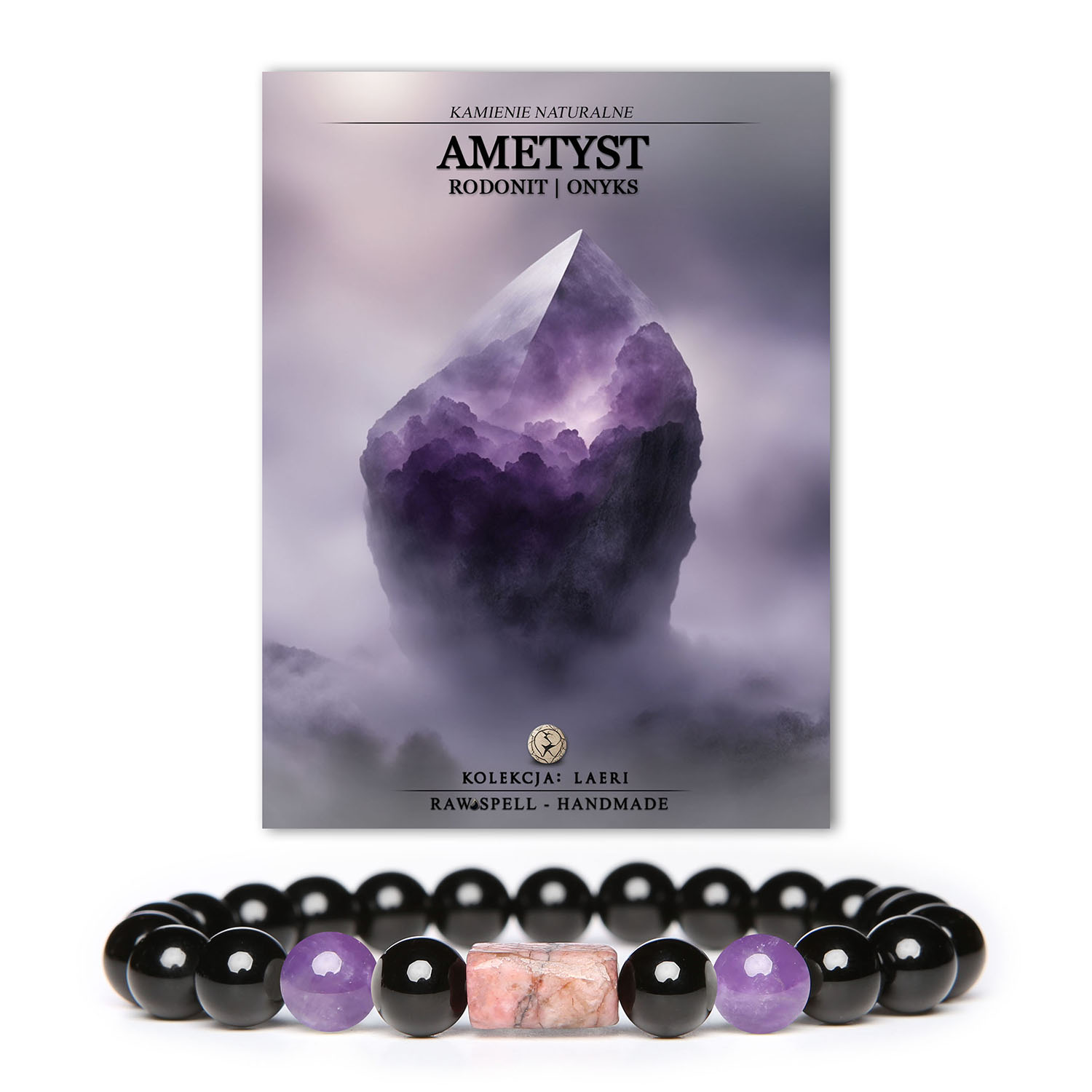 Stylowa bransoletka Laeri z naturalnymi kamieniami: ametyst, rodonit w odcieniu różowym oraz onyks. Modny dodatek dla każdego.