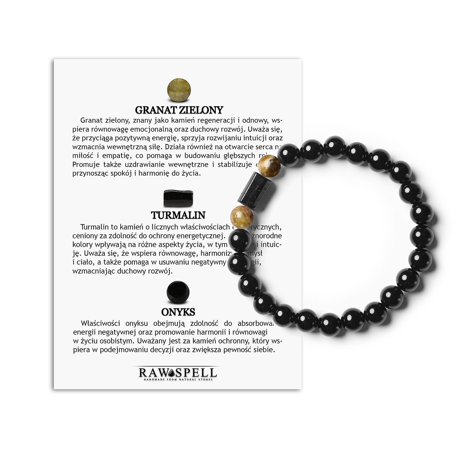 Arsil Bransoletka - kamienie z nieba Granat Zielony, Turmalin, Onyks, dla kobiet i mężczyzn Kolekcja Arsil prezentuje bransoletkę z naturalnymi kamieniami: granatem zielonym, turmalinem i onyksem, piękny dodatek dla kobiet i mężczyzn, łączący naturalność z elegancją.