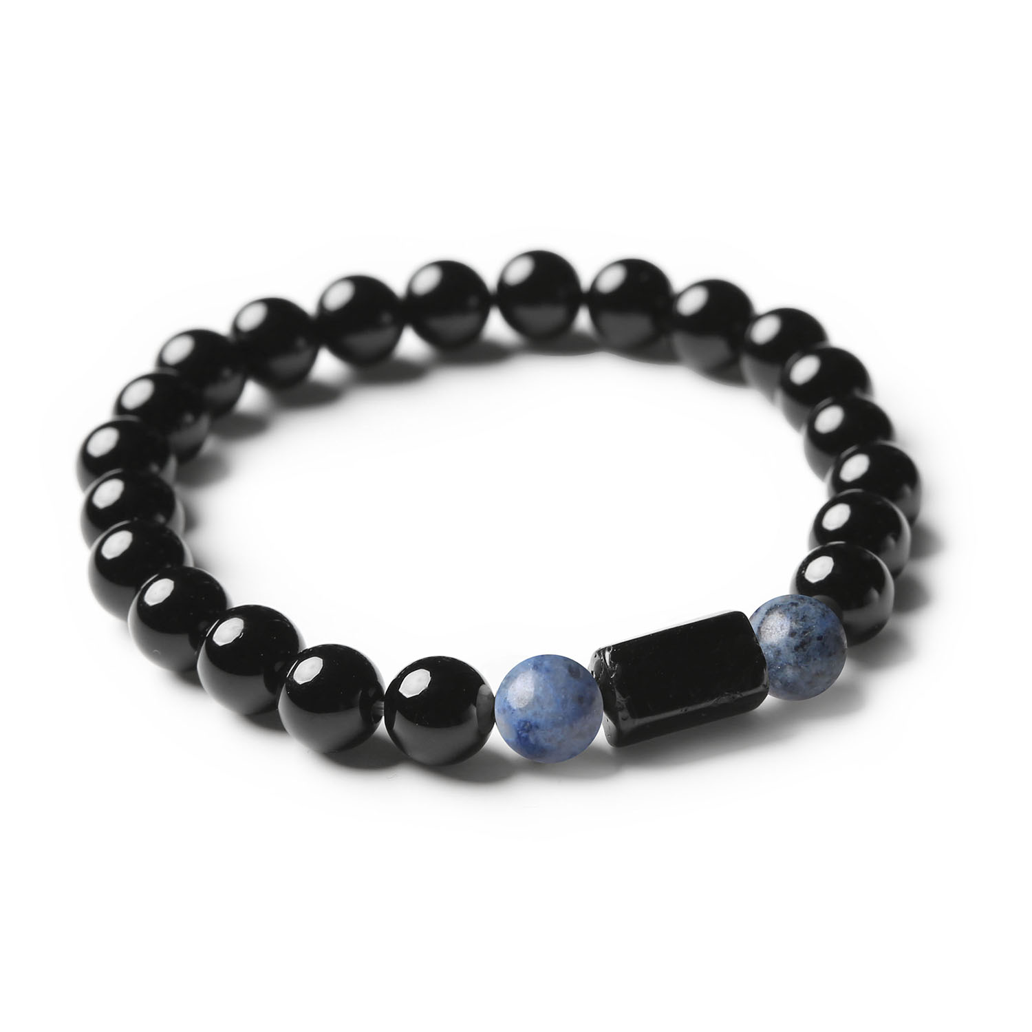 Unikatowa bransoletka z kolekcji Arsil, ozdobiona naturalnymi kamieniami: dumortierytem, turmalinem i onyksem, doskonały wybór dla kobiet i mężczyzn, ceniących sobie oryginalność i styl.