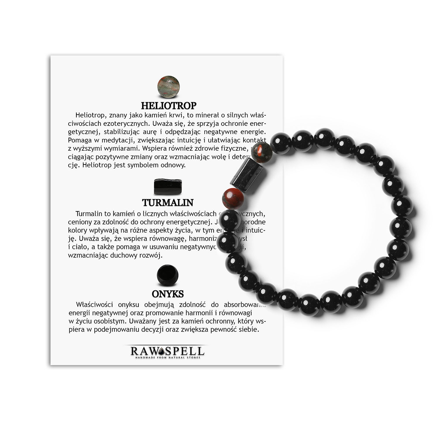 Arsil bransoletka na gumce z kamieniami Heliotrop, Turmalin i Onyks, dla kobiet i mężczyzn Elegancka bransoletka z kolekcji Arsil z naturalnymi kamieniami: heliotrop, turmalin i onyks, idealny dodatek dla obu płci.