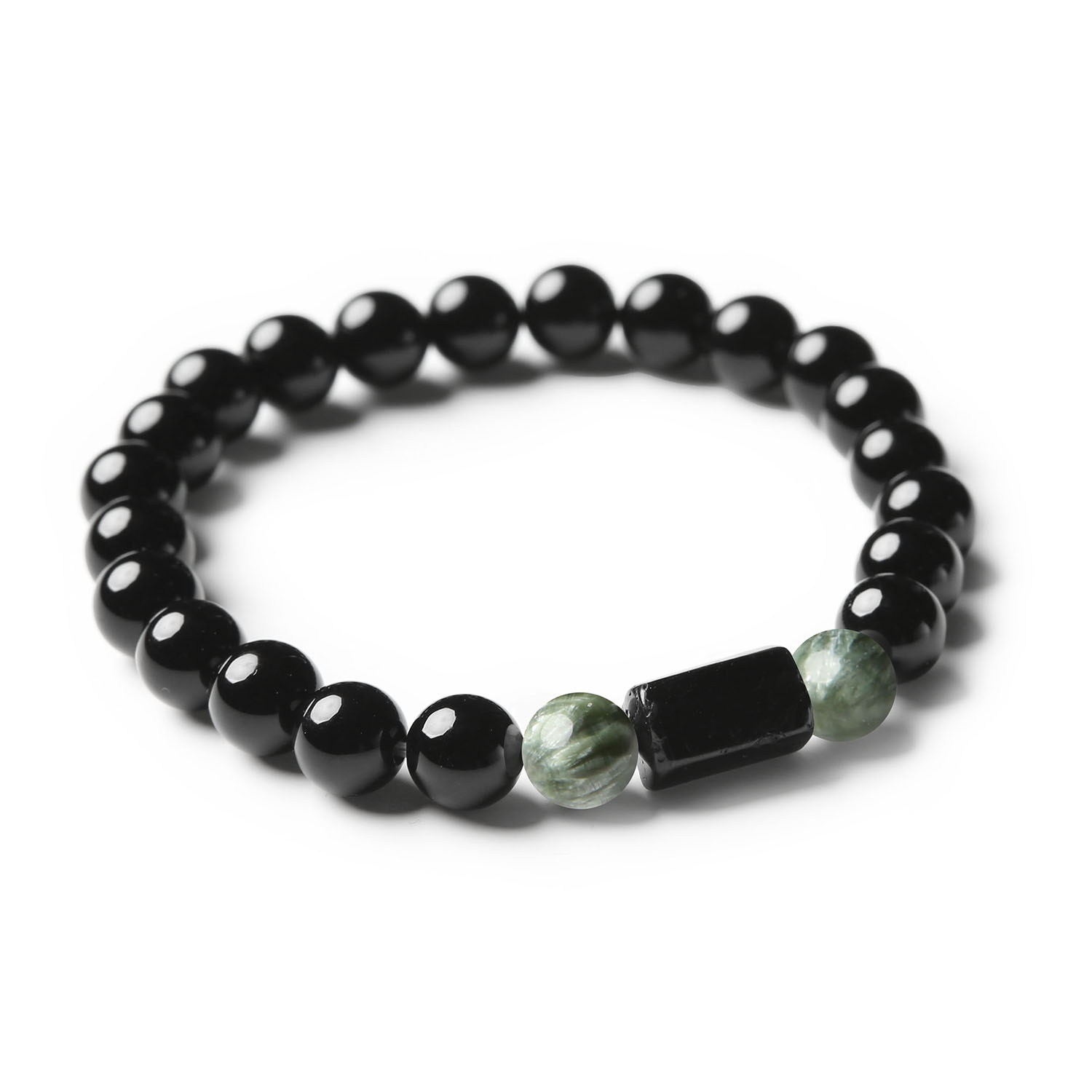 Elegancka bransoletka Arsil z kamieniami serafinit, turmalin i onyks, stworzona dla kobiet i mężczyzn.