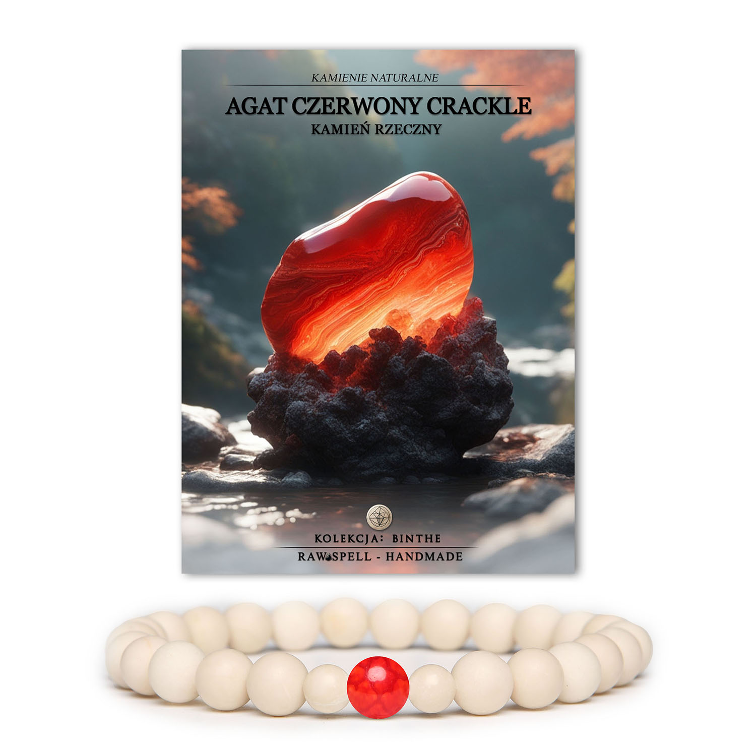 Bransoletka z kamieni naturalnych Binthe w kolorze czerwonego agatu crackle i kamienia rzeczego, idealna dla kobiet i mężczyzn.