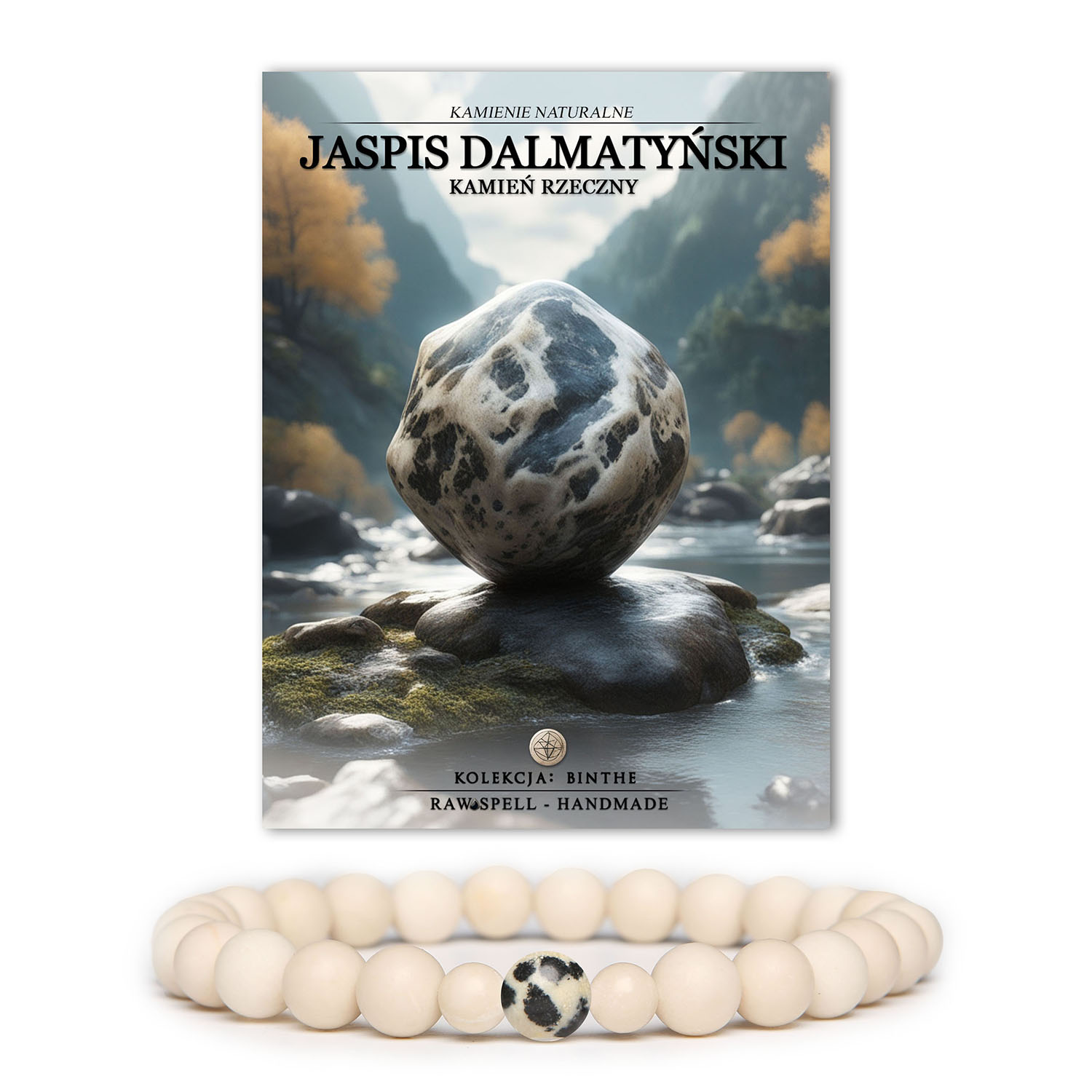 Bransoletka unisex z naturalnych kamieni: jaspis dalmatyński i kamień rzeczny, z kolekcji Binthe.
