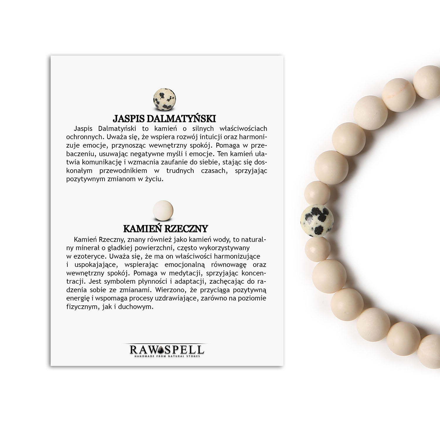 Binthe Jaspis Dalmatyński Bransoletka na gumce Kamień Rzeczny dla kobiet i mężczyzn z kolekcji Binthe Stylowa bransoletka z kamieni naturalnych: jaspis dalmatyński i kamień rzeczny, doskonała dla obu płci.