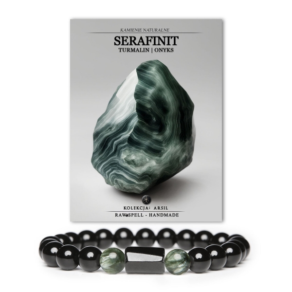 Unikalna bransoletka z kolekcji Arsil z naturalnymi kamieniami serafinit, turmalin i onyks, doskonała dla obu płci.