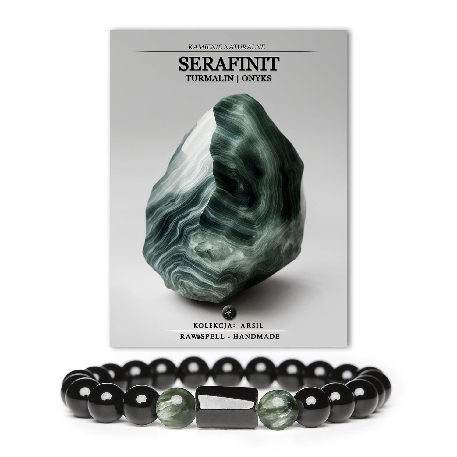Unikalna bransoletka z kolekcji Arsil z naturalnymi kamieniami serafinit, turmalin i onyks, doskonała dla obu płci.