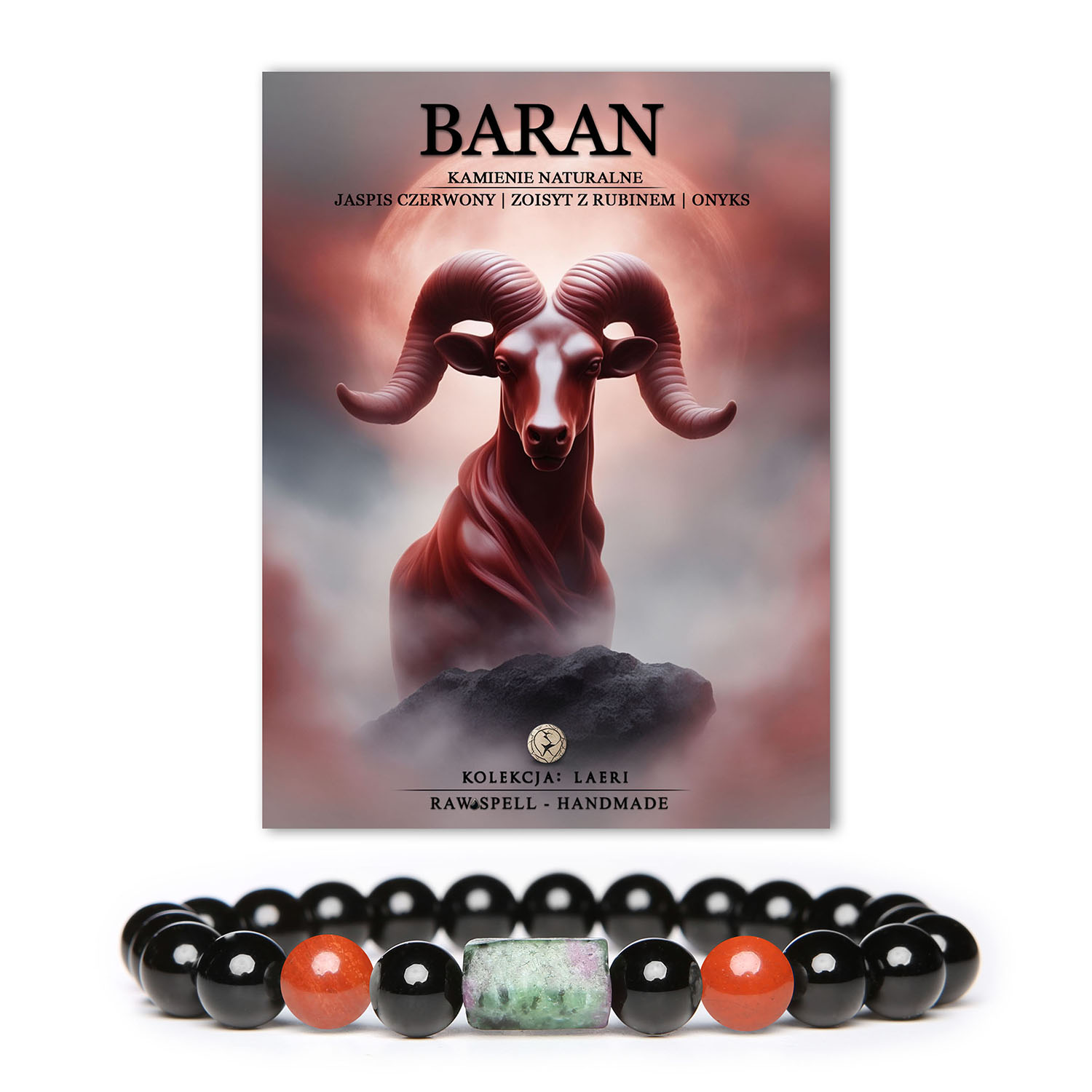 Laeri Kolekcja Baran, bransoletka w kamieniach: czerwony jaspis, zoisyt, rubin, onyks. Przygotowana przez profesjonalistów z miłością