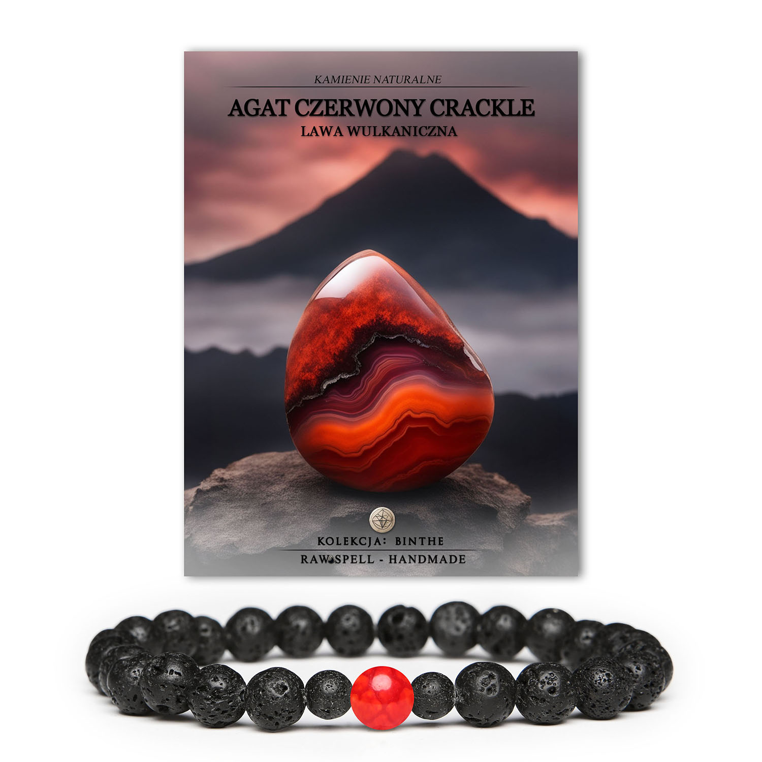 Unikatowa bransoletka Binthe wykonana z czerwonego agatu crackle i lawy wulkanicznej, doskonała dla osób poszukujących oryginalnych akcesoriów, zarówno dla kobiet, jak i mężczyzn.