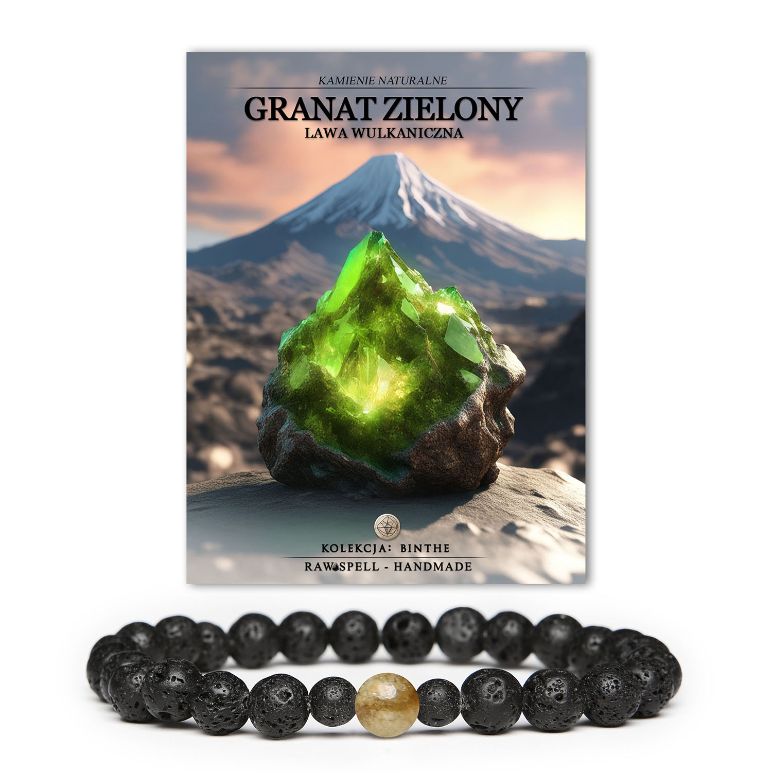 Wyjątkowa bransoletka z granatem zielonym, połączona z lawą wulkaniczną, tworząc oryginalny wygląd. Dla tych, którzy kochają nieco więcej w swoim wyglądzie.