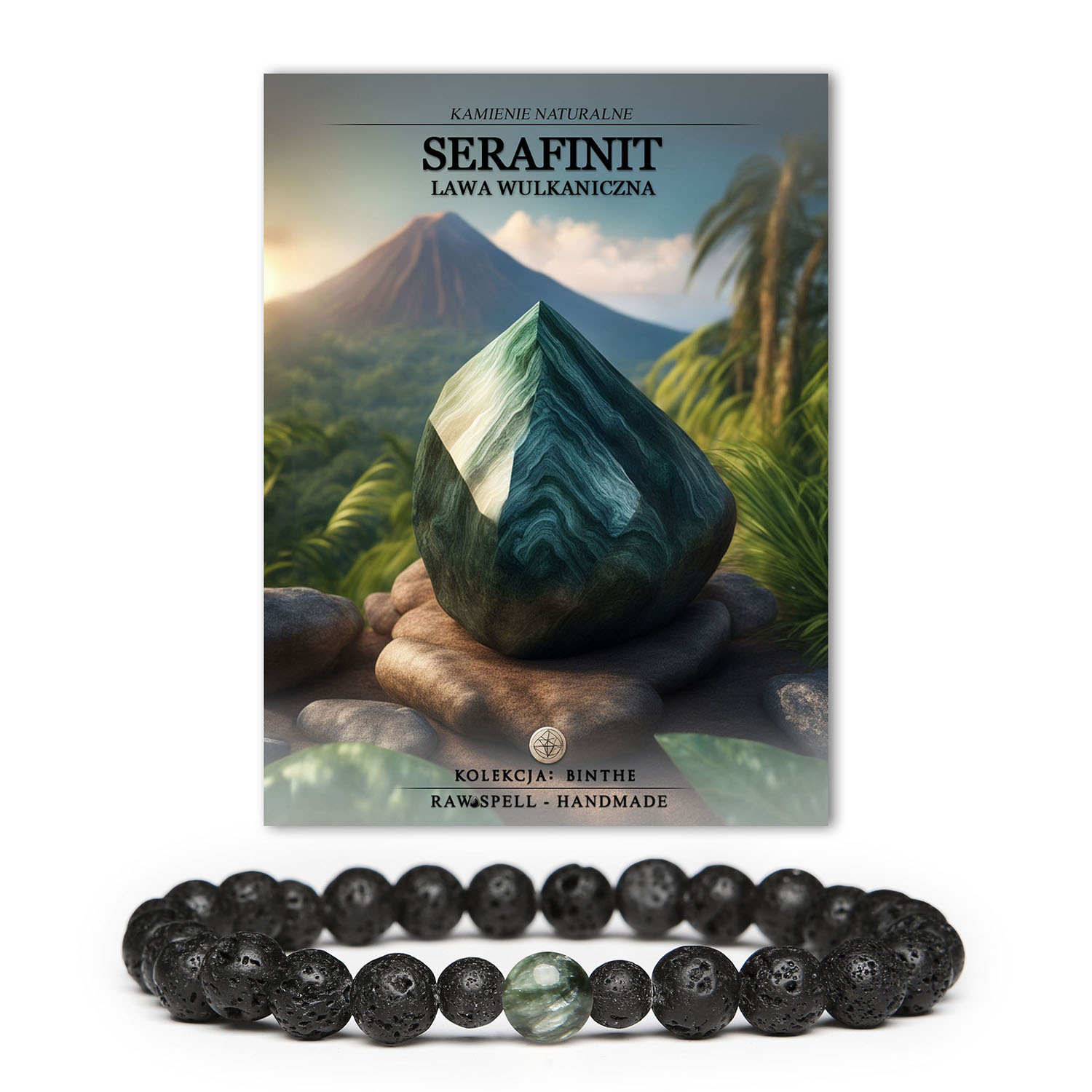Bransoletka z naturalnymi kamieniami serafinitu i lawy wulkanicznej z kolekcji Binthe, unisex.